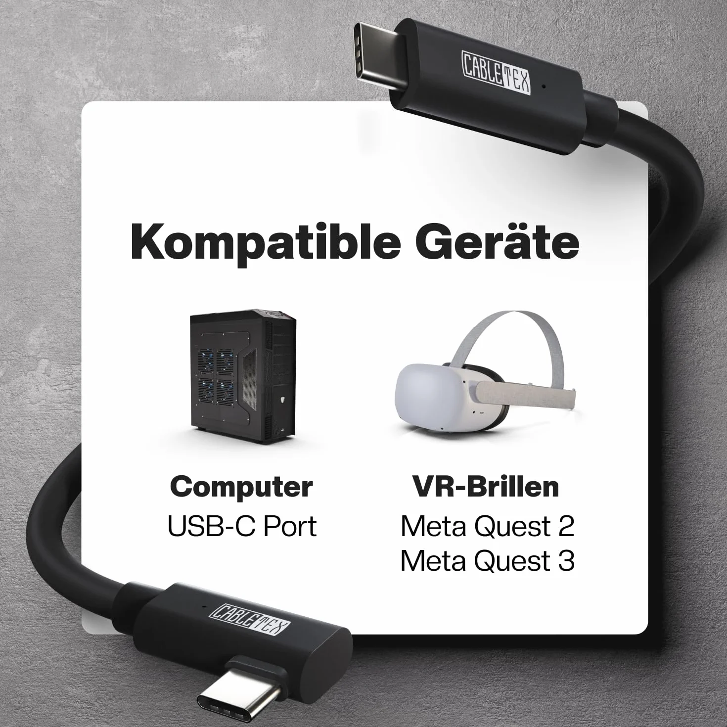 Kabel CABLETEX 5m Link do Meta Quest 3, Oculus Quest 2, PICO 4, PSVR2, Steam VR - Kabel USB 3.2 USB C do słuchawek VR i komputera do gier, transfer danych 5 Gb/s