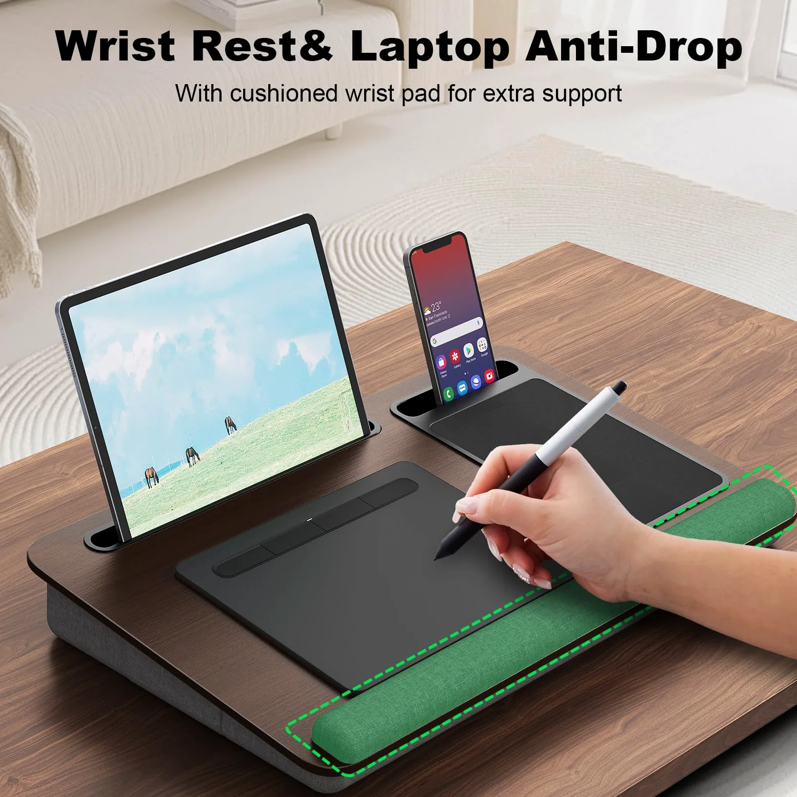 PUTORSEN Biurko na kolana do laptopów do 43.9 cm, przenośne, bardzo duże, z podkładkami dla myszy i nadgarstków