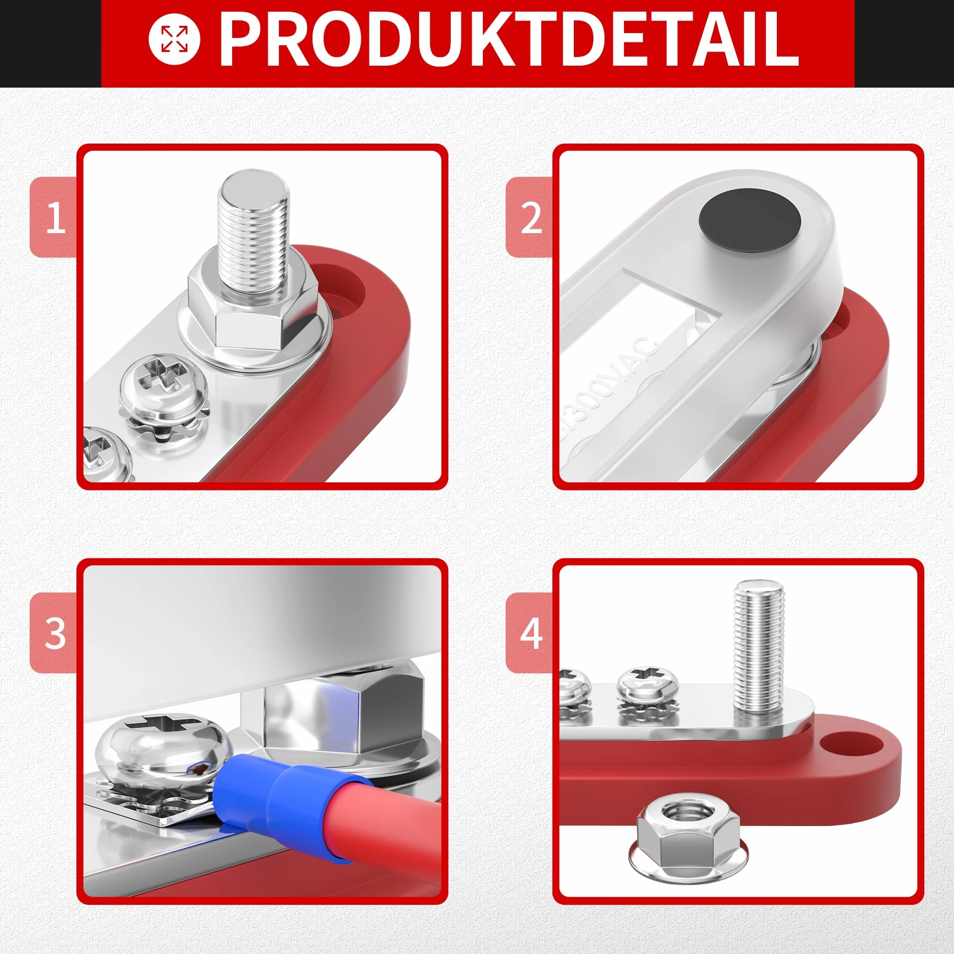 Joinfworld Szyna zbiorcza Busbar 12 V, 300 A blok rozdzielający zasilanie, morski blok rozdzielaczy zasilania z osłoną, 6 x 3/8", do 300 V AC 48 VDC, szyna dodatnia i masa do samochodu, łodzi (BB300