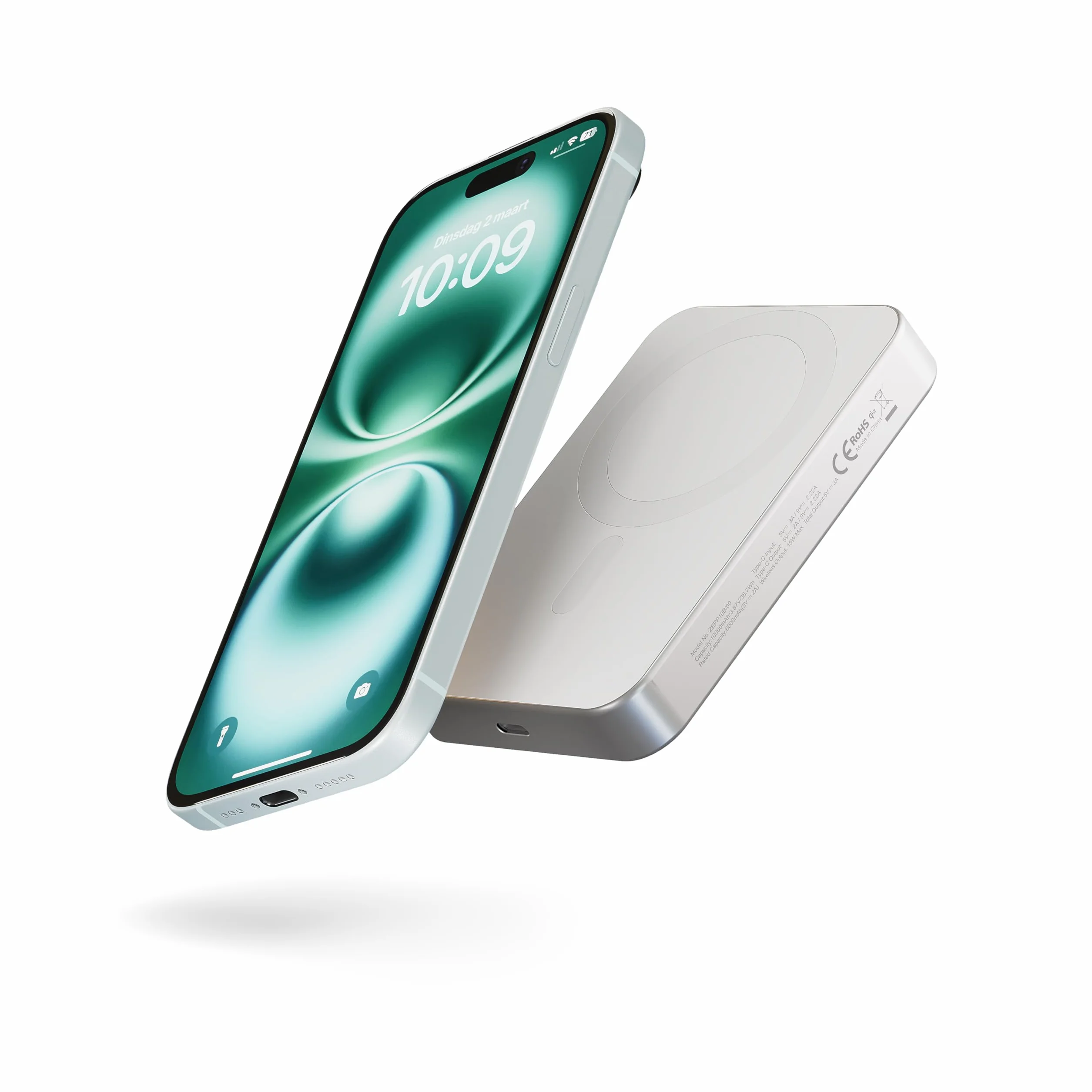 Zens Slim Aluminium Power Bank Qi2 10k mAh, bezprzewodowa ładowarka MagSafe o mocy 15 W do telefonów iPhone Air/17/16/15/14/13/12 i słuchawek AirPods, zawiera 30 cm USB C-C kabel, Biały