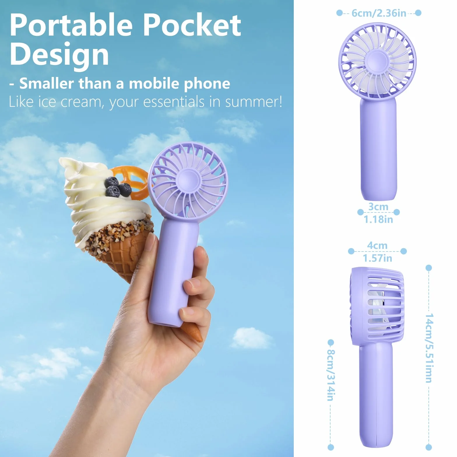 Hianjoo Przenośny mini wentylator, 2000 mAh, mały wentylator kieszonkowy, ładowany przez USB, wentylator ręczny i stojący wentylator do domu, na zewnątrz i do biura, fioletowy