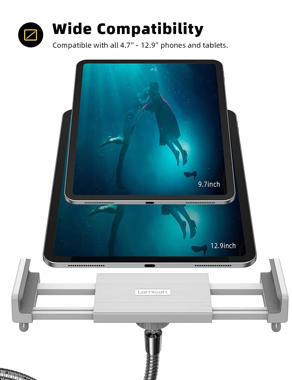 Lamicall Stojak podłogowy na tablet, uchwyt na tablet - uchwyt na gęsią szyję z regulowaną wysokością i stabilną podstawą 4,8 kg, zgodny z iPad Pro 12.9, iPad Air mini 2, 3, 4, 5, tablet 4,7"-13"