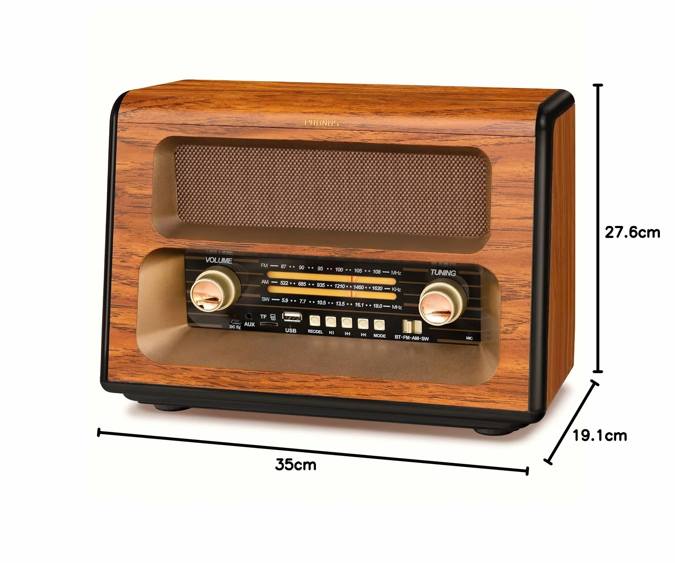 PRUNUS J-199 retro radio Bluetooth AM/FM/SW 3-drożne zasilanie akumulator bateria gniazdko USB/TF