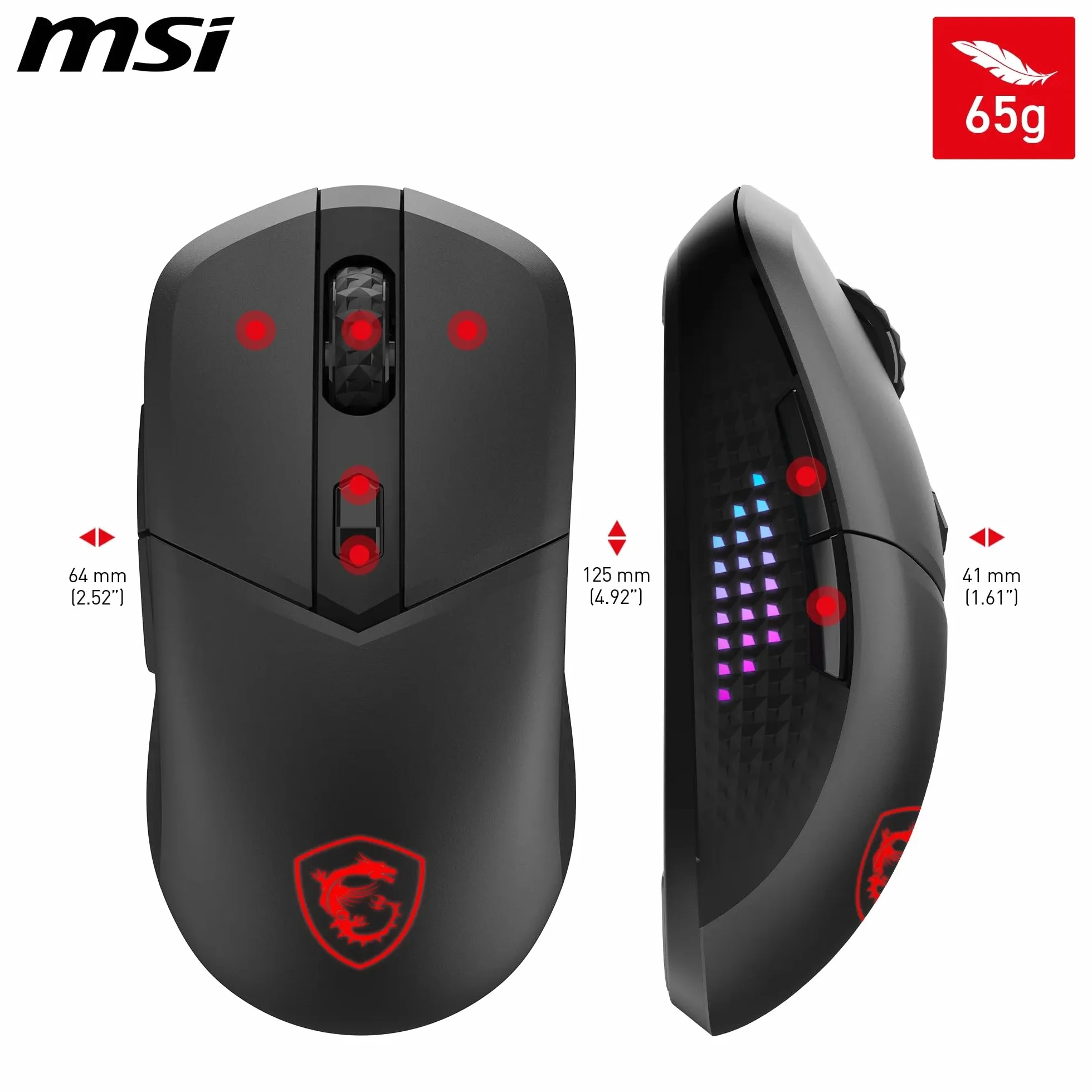 MSI Versa 300 Elite Wireless Gaming Mouse — 26,000 dpi photosensor, 1000 Hz polling rate, balanced, 60 million click OMRON switch, 200-hour battery, 1 ms latency, RGB, 65 g — wired/wireless