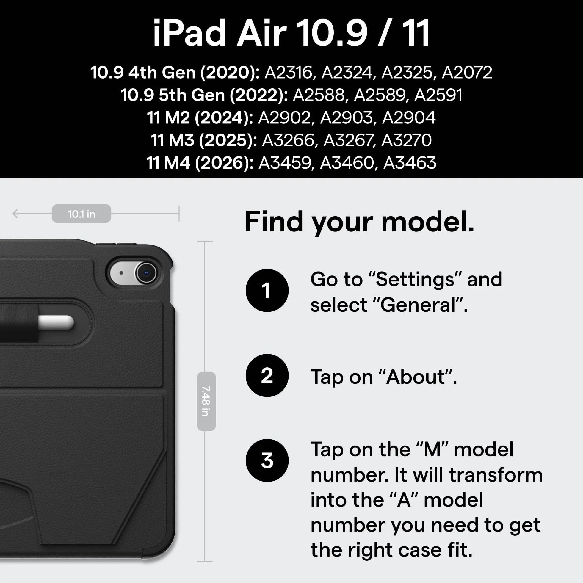 ZUGU CASE Etui Ochronny iPad Air 11 M4 2026 M3 2025 M2 2024 iPad Air 5/4 10.9 Cala Magnetycznie Stojak Ładowanie Apple Pencil Czarny