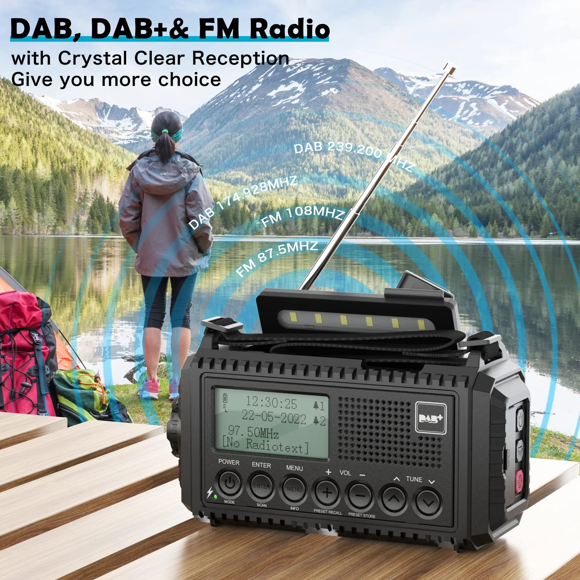 Dab Wind Up Radio, 5000 mAh, zasilane energią słoneczną, radio awaryjne z alarmem SOS, radio korbowe z ładowarką USB, przenośne radio Dab z latarką, gniazdem słuchawkowym i budzikiem, na kemping