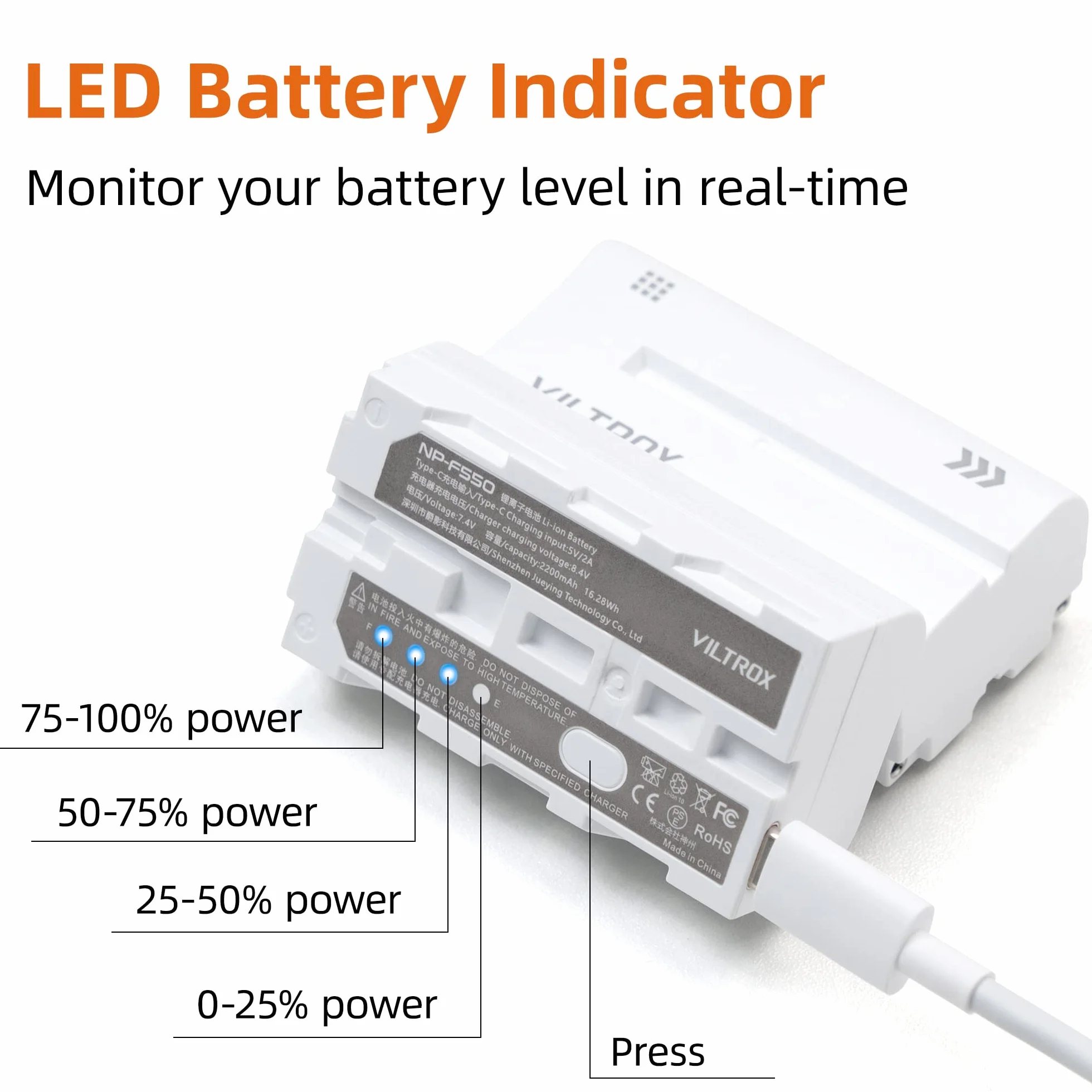 VILTROX Bateria NP-F550 2 szt. 2200 mAh zamiennik do Sony F970 F960 F950 F770 F750 F570 F550 F330, akumulator kompatybilny z Godox Neewer LED lampa wideo / monitor kamery