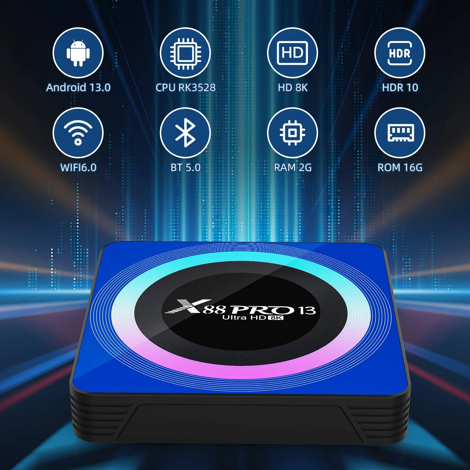 Android TV Box 13.0, X88PRO Android Box 2 GB 16 GB Quad Core 64bit, obsługa BT5.0 2,4G /5G Dual-Band WIFI6 4/6/8K Android TV Box 2024