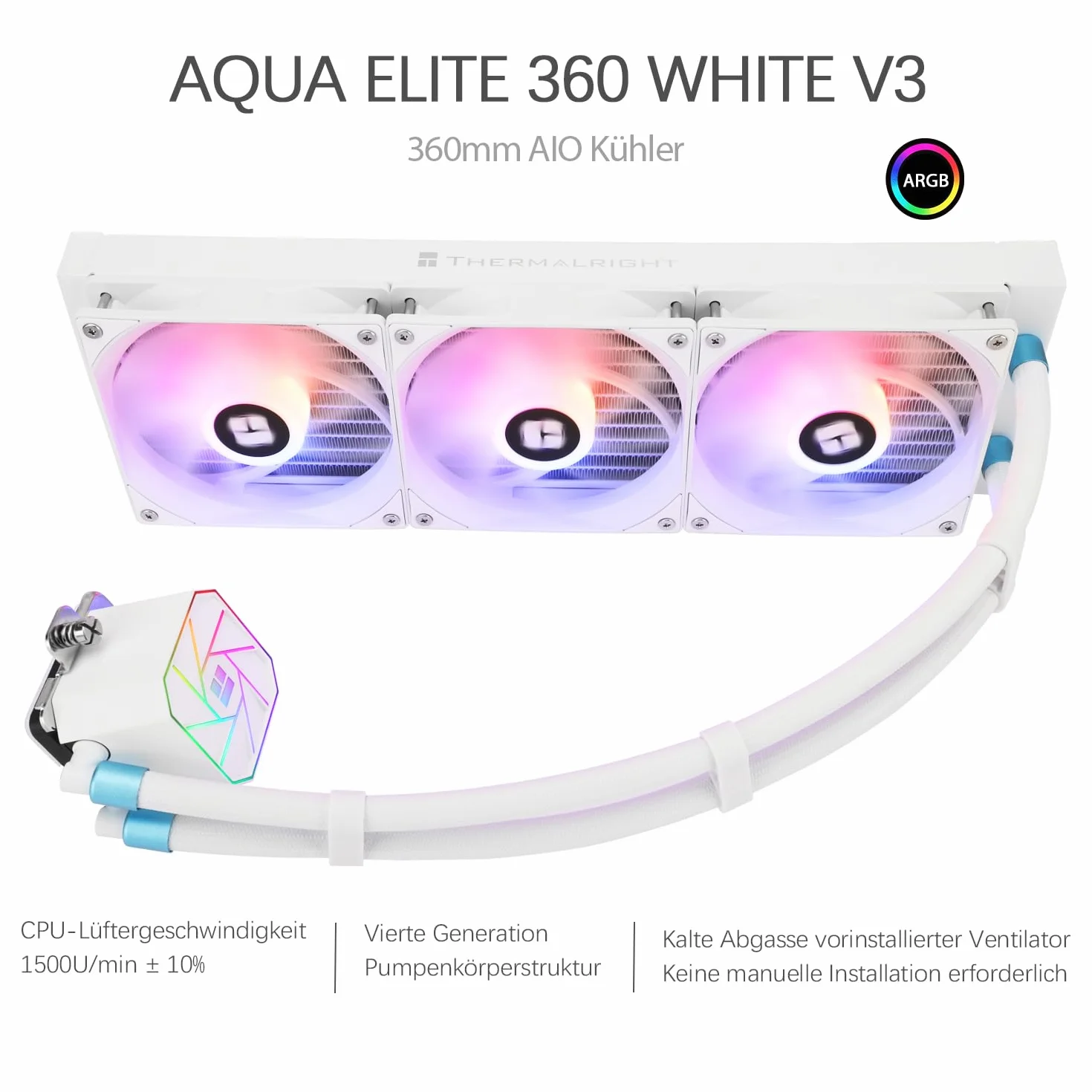 Thermalright Aqua Elite 360 biały V3 chłodzenie wodne CPU AIO 360mm ARGB 3x120mm AM5 AM4 LGA1851/1700/115X/1200