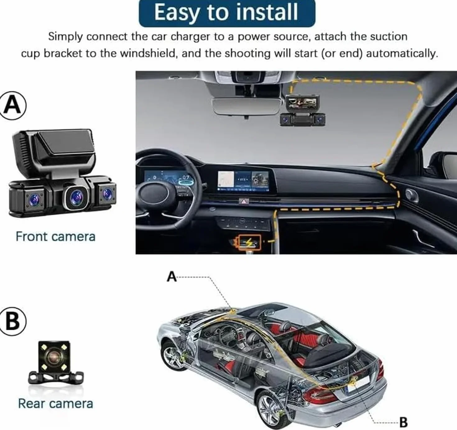 360° samochodowy rejestrator DVR WiFi, 4-kanałowy rejestrator wideo z kartą 32 GB, 1080P FHD, widok 360°, kamera samochodowa z przodu i z tyłu, sterowanie aplikacją, monitorowanie parkowania