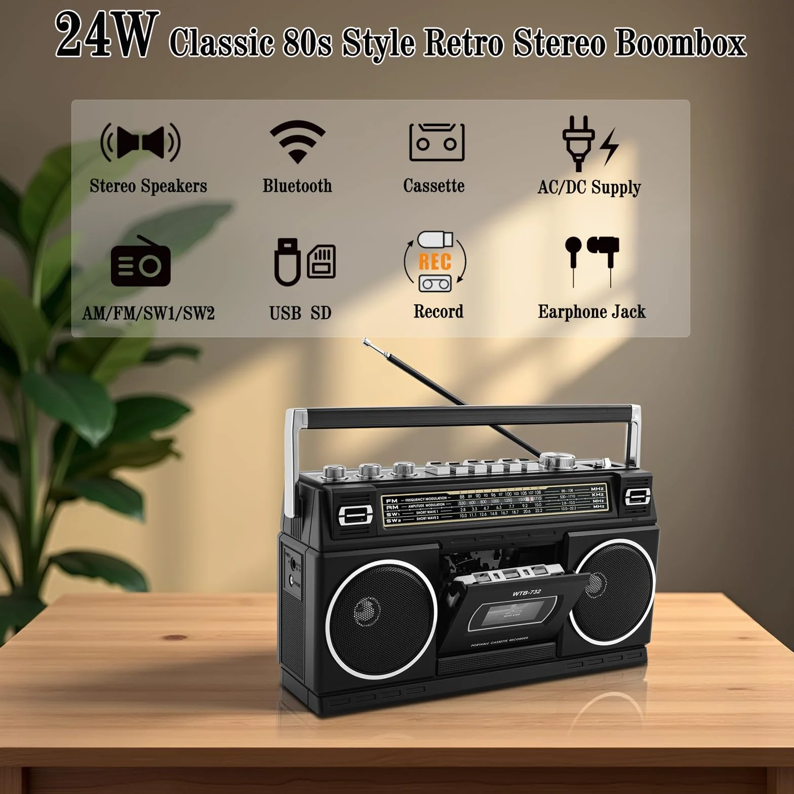 Retro Boombox Bluetooth 24 W z Odtwarzaczem Kasetowym Radio AM/FM/SW USB micro SD