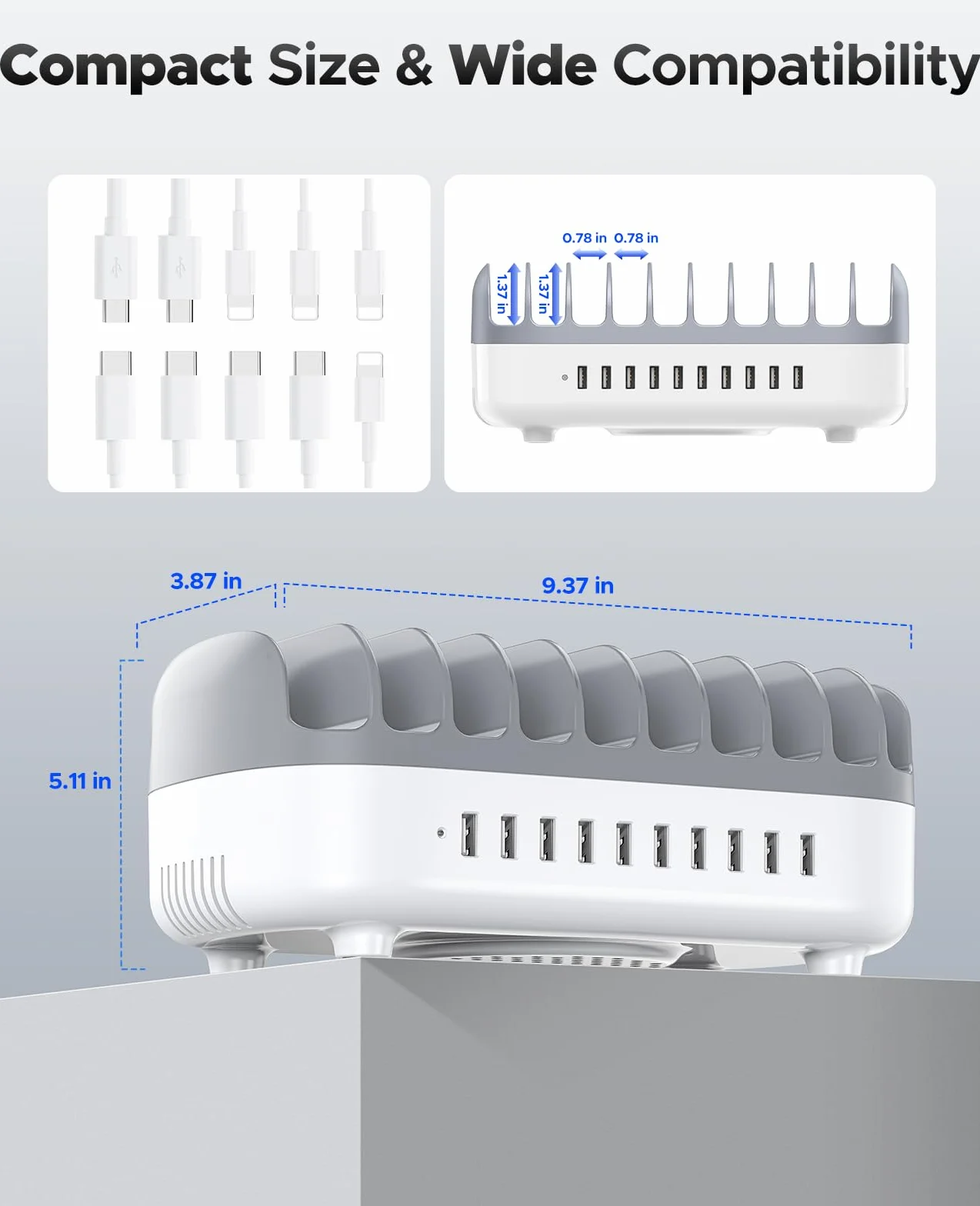 ORICO 120W Charging Station for Multiple Devices, New Upgrade 10 Ports Smart USB Charging Station, Compatible with iPhone 15/14/13/12，iPads, Android Phone and Tablets (With 10 Charging Cables White)