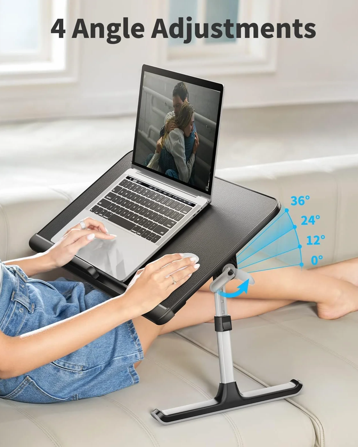 Stolik pod laptopa, stolik do łóżka, SAIJI 100% E0 Eco drewniany blat, regulowany stolik do łóżka, z szufladą, składane nogi, obciążenie 40 kg, blat stołu ze skóry PCW, do czytania, jedzenie na łóżko
