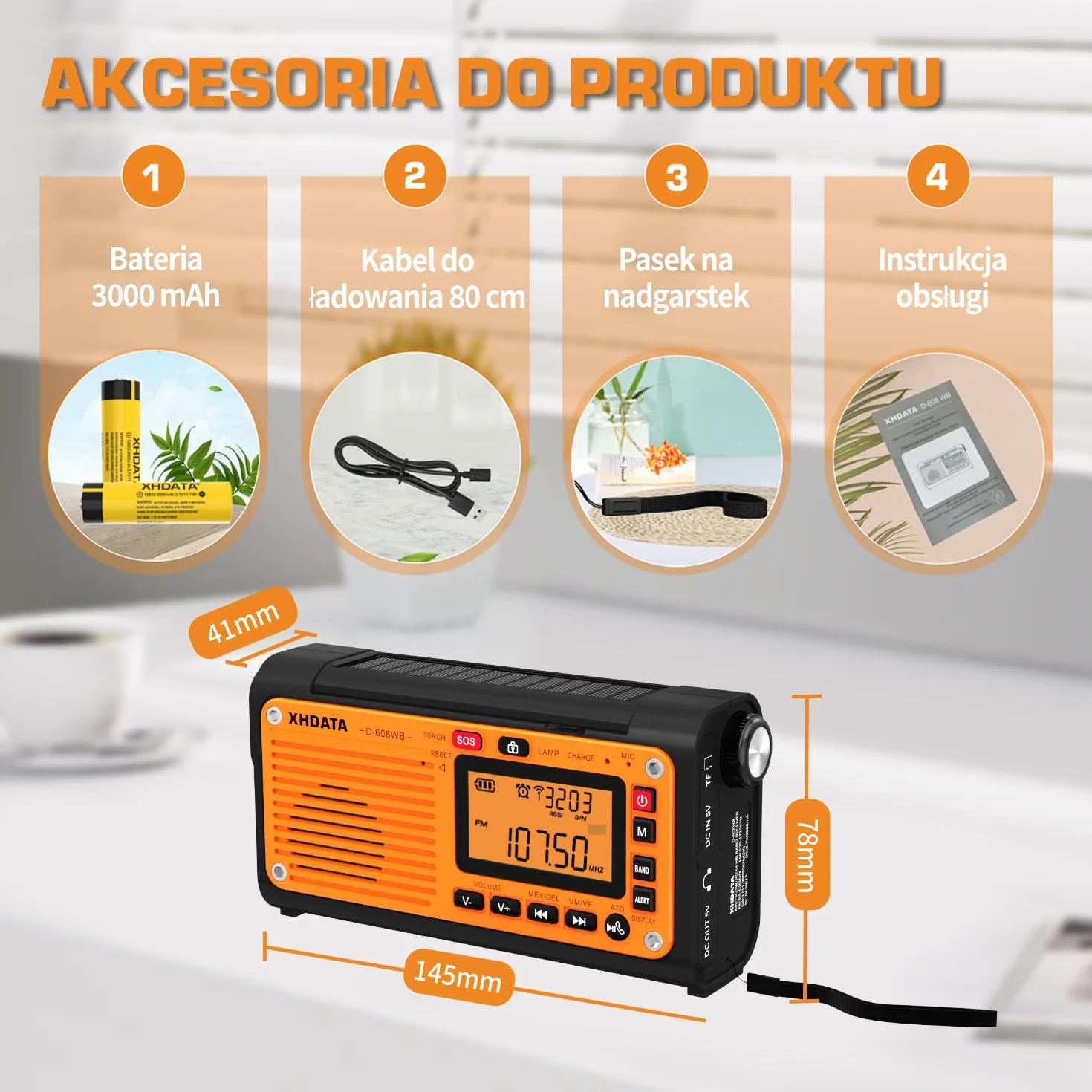 XHDATA D608WB - przenośne radio awaryjne zasilane energią słoneczną, akumulator 3000 mAh, ładowanie USB, Bluetooth, 3 tryby latarki i światła do czytania