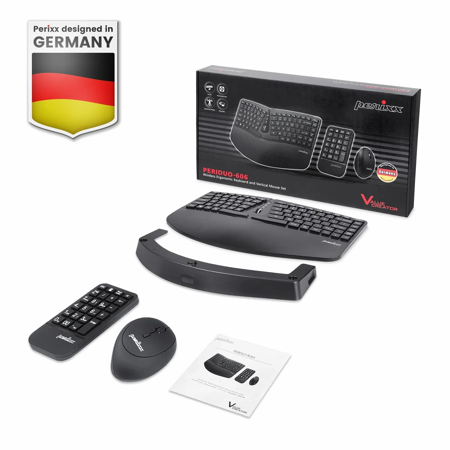 Perixx PERIDUO-606A, 3-in-1 Wireless Compact Ergonomiczna klawiatura z pionową klawiaturą myszy i numeryczną - Regulowany odpoczynek dłoni - Tilt Wheel - Membrane Low Profile Keys - US English Layout