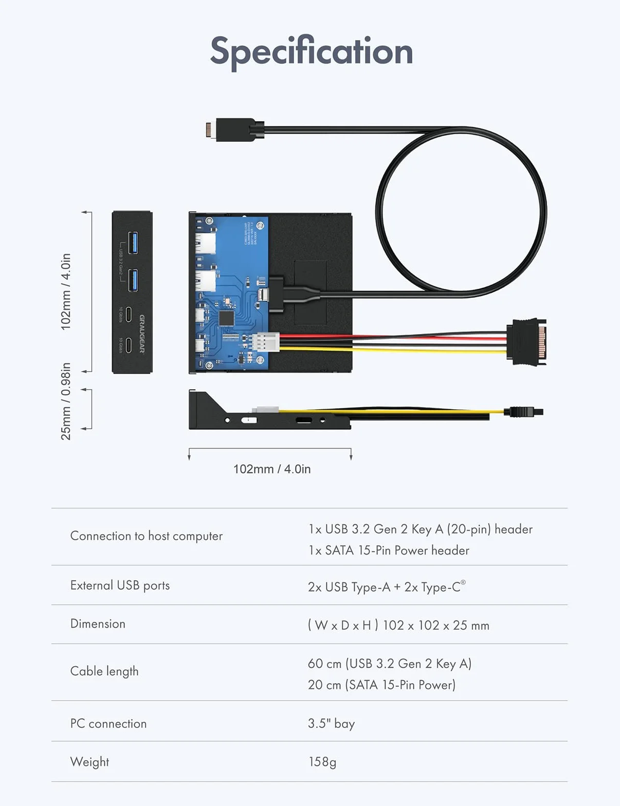 GRAUGEAR | 4 porty 10 Gbit/s panel przedni | 2 x USB-C+2X USB-A USB3.2 Gen2 HUB | osłona przednia do kieszeni 3,5 cala | USB3.2 Gen2 Key A 20-pinowy nagłówek | metal | G-MP02