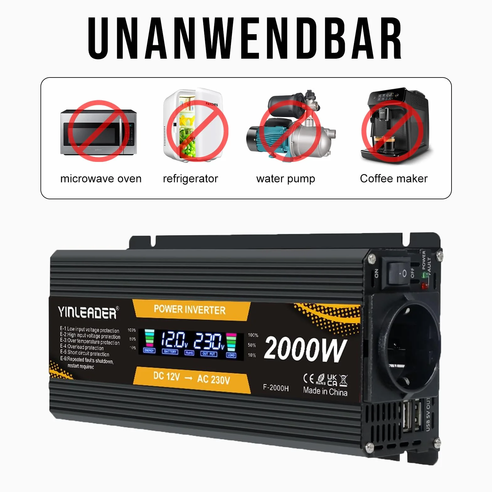 Yinleader Falownik 12 V 230 V 1000 W /2000 W przetwornica napięcia LCD z 2 USB -czarny