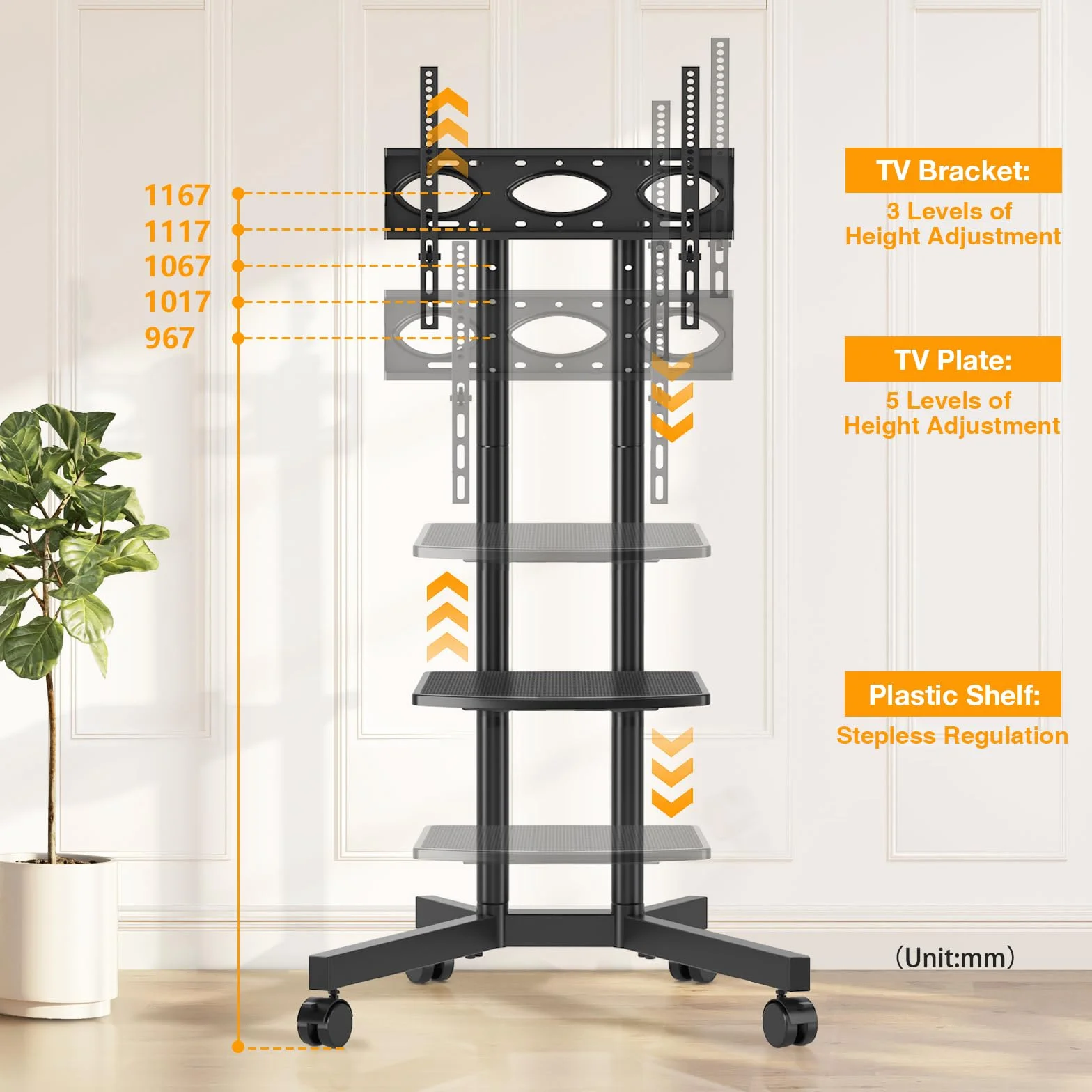 TVON Stojak na telewizor z rolkami, mobilny, obrotowy, do telewizorów 32-75 cali, stojak pod telewizor z regulacją wysokości, z półką, do 40 kg, maks. VESA 400 x 400 mm