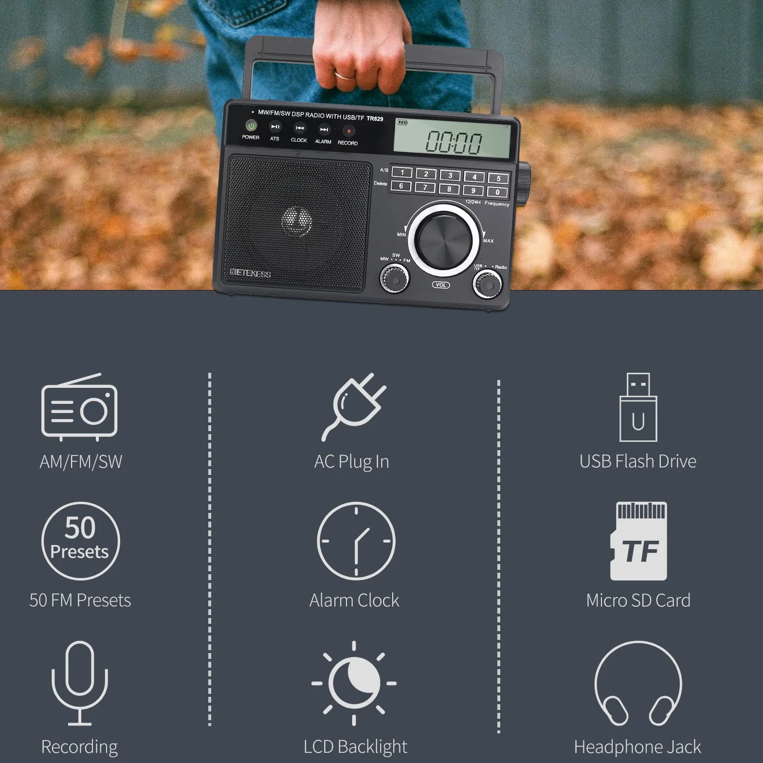 Retekess TR629 Radio Przenośne AM FM SW Odbiornik Radiowy DSP USB SD Zegar Budzik