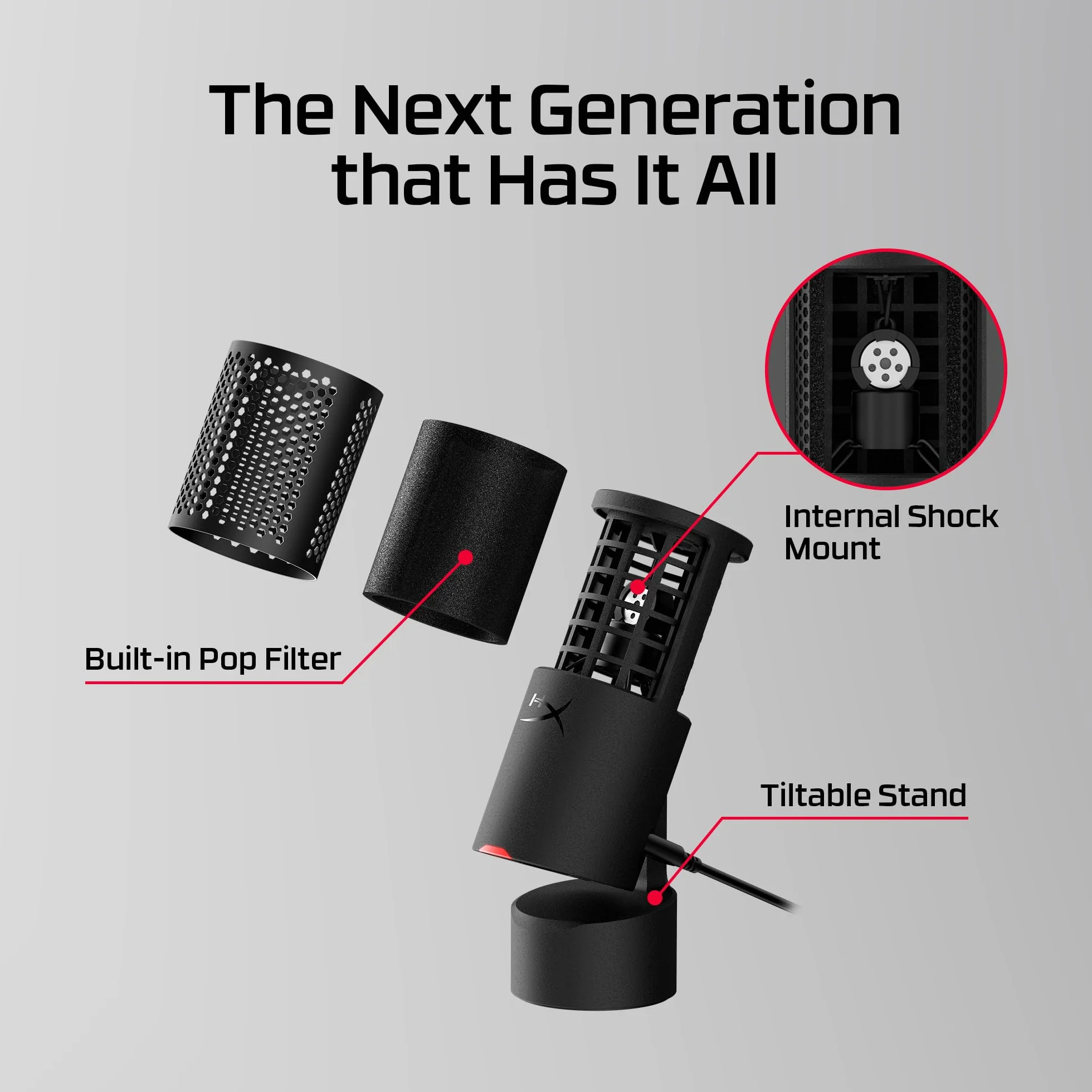 HyperX SoloCast 2 mikrofon kondensator Usb-C do gier, przesyłania strumieniowego, podcastu, kompatybilny z komputerami PC, Mac i gwintowanymi ramionami, sterowanie za pomocą oprogramowania Ngenuity