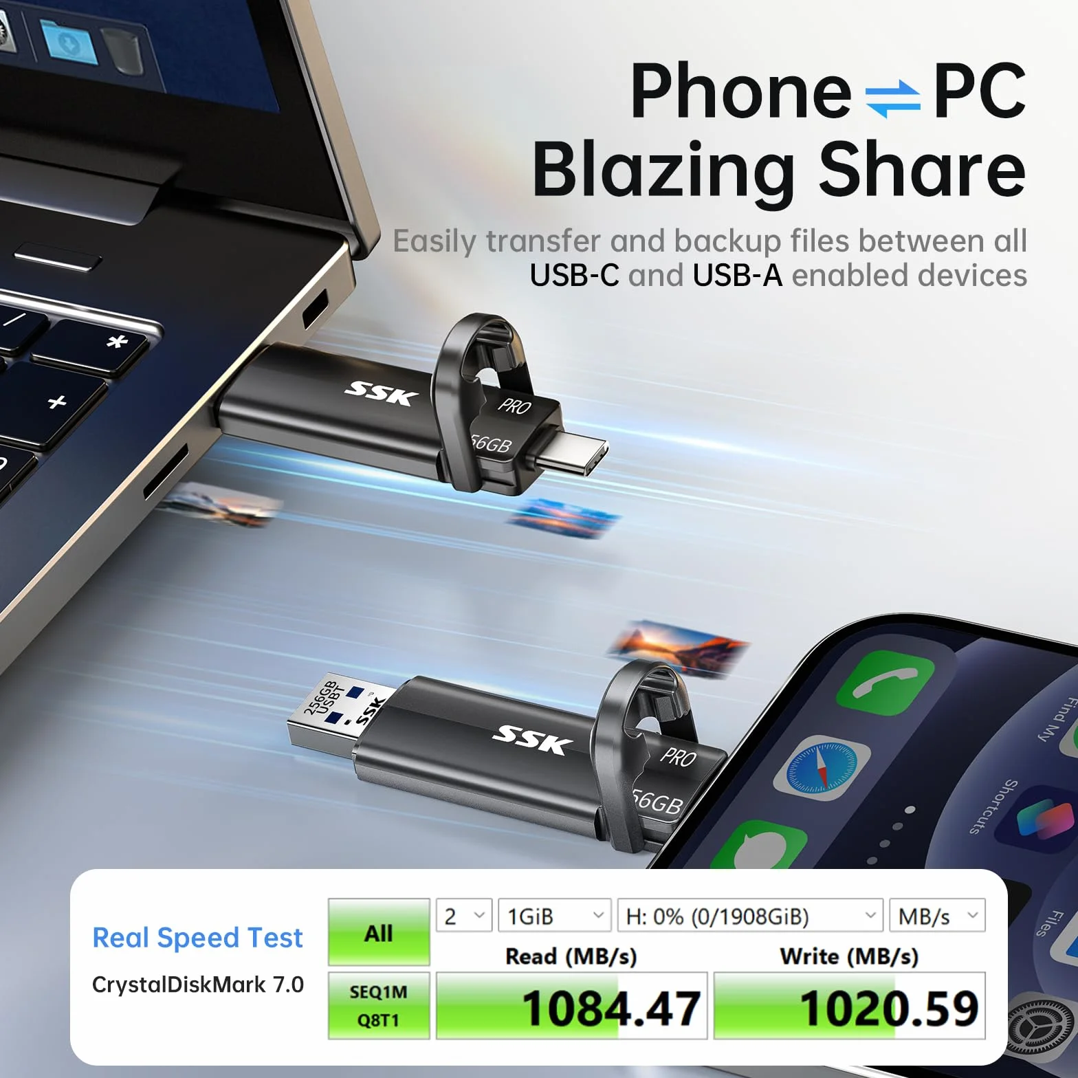 SSK Zewnętrzny dysk SSD 256 GB 1000 MB/s USB 3.2 Gen 2 USB-C USB-A przenośny