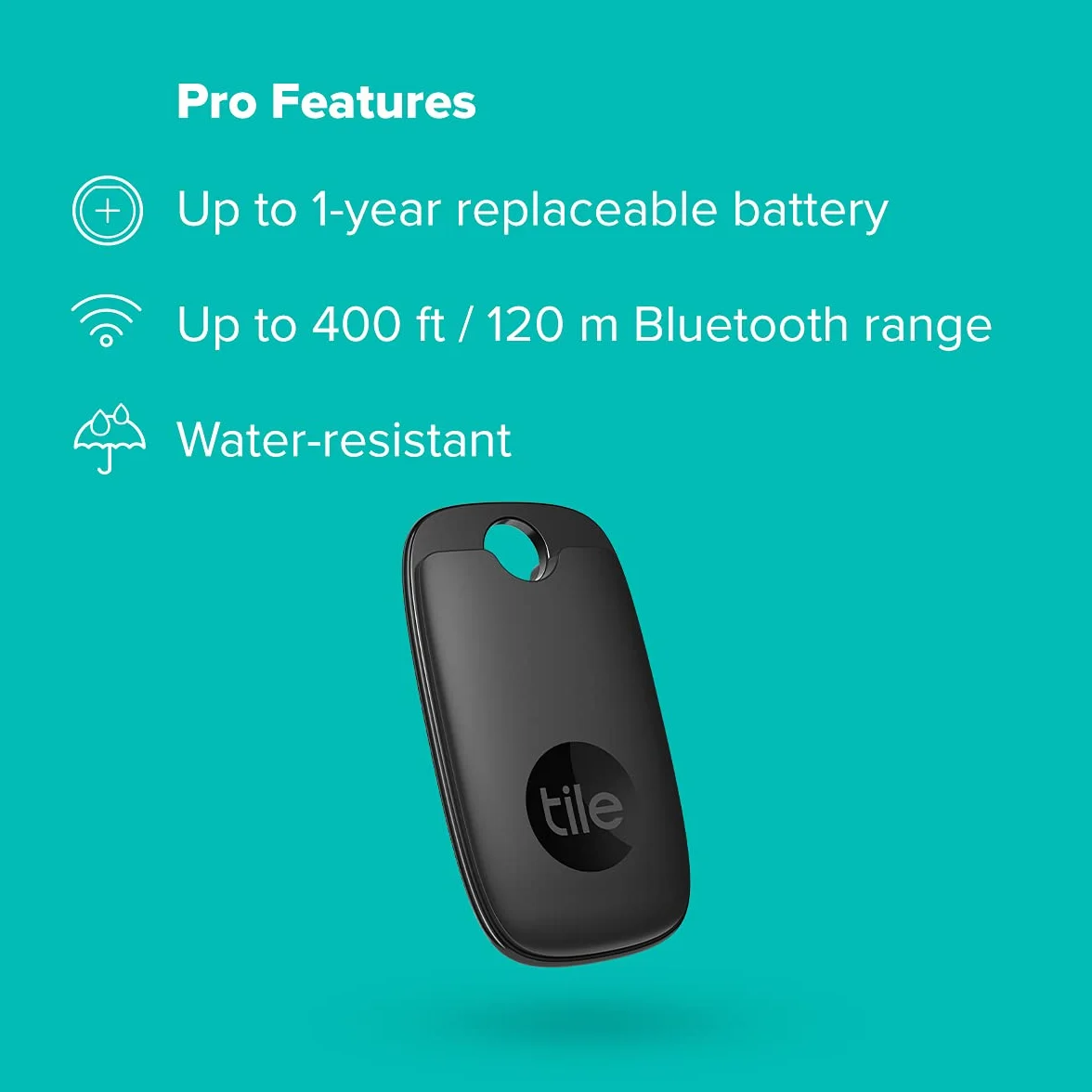 Tile Pro (2022) Lokalizator Bluetooth do namierzania kluczy, toreb i innych przedmiotów, 1 Pak, zasieg 120m, aplikacja iOS i Android, Czarny