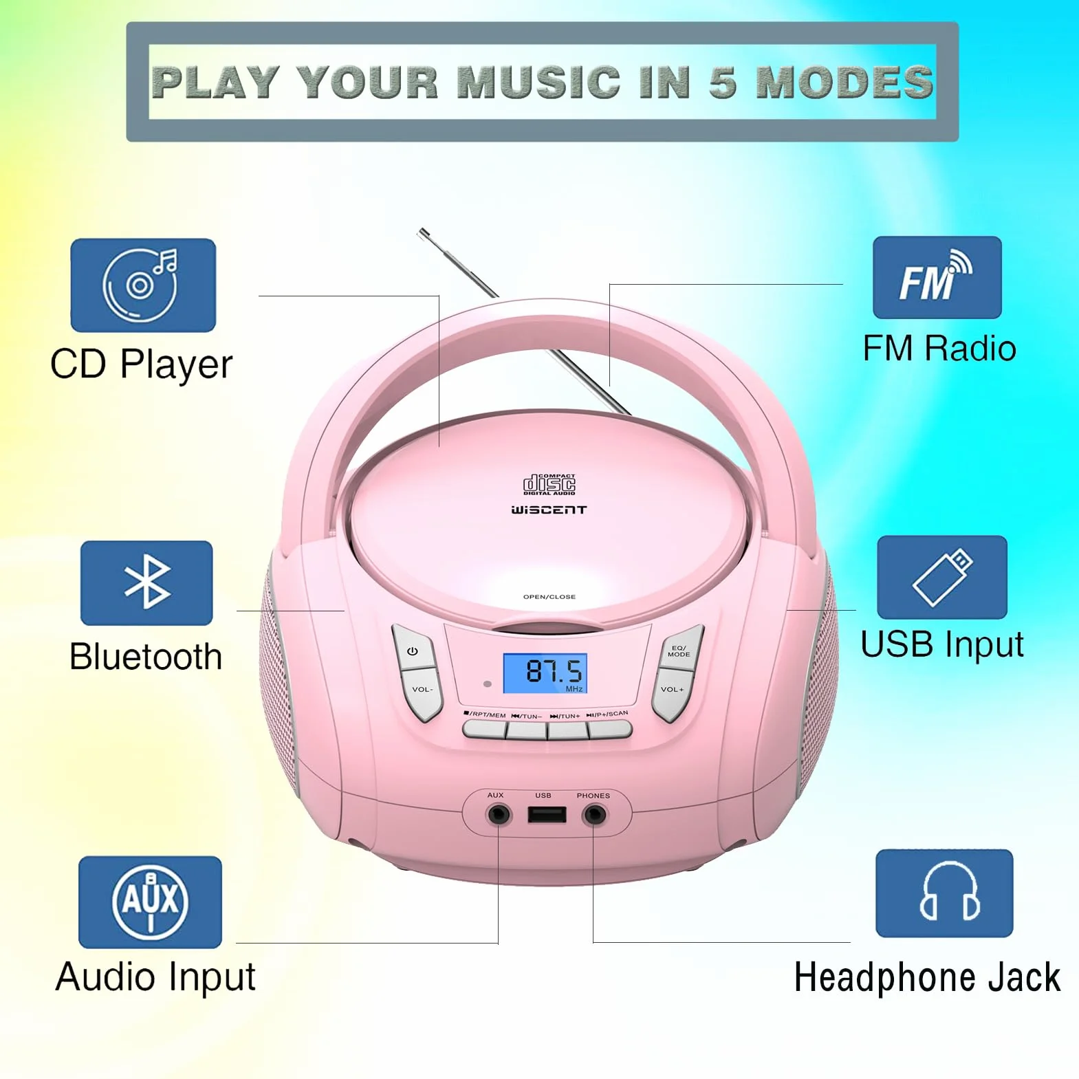 Przenośny odtwarzacz CD Bluetooth Boombox z radiem FM, USB, AUX, gniazdem słuchawkowym, kompatybilny z CD-R/RW i MP3 CD (różowy)