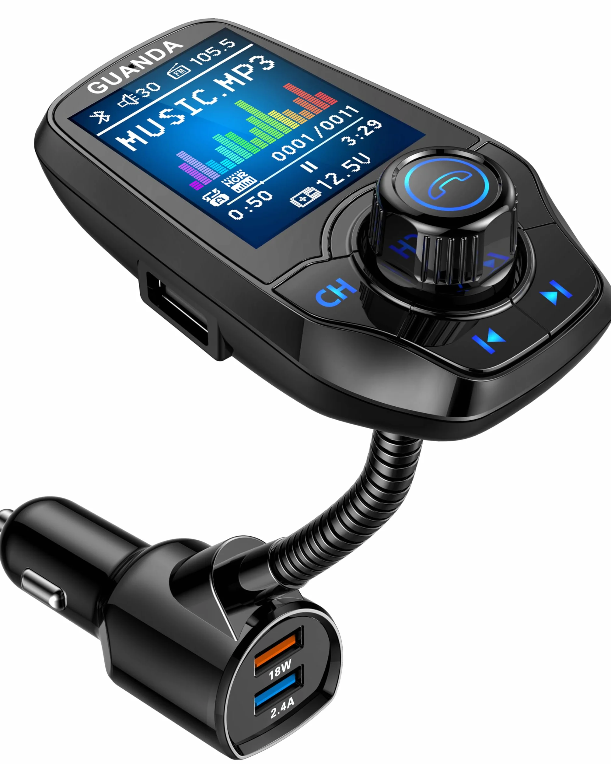 Bluetooth FM Transmitter for Car, 4-in-1 MP3 Player with 1.8" Display, AUX, 3 USB Ports, QC3.0, Handsfree Call, SD/TF Card