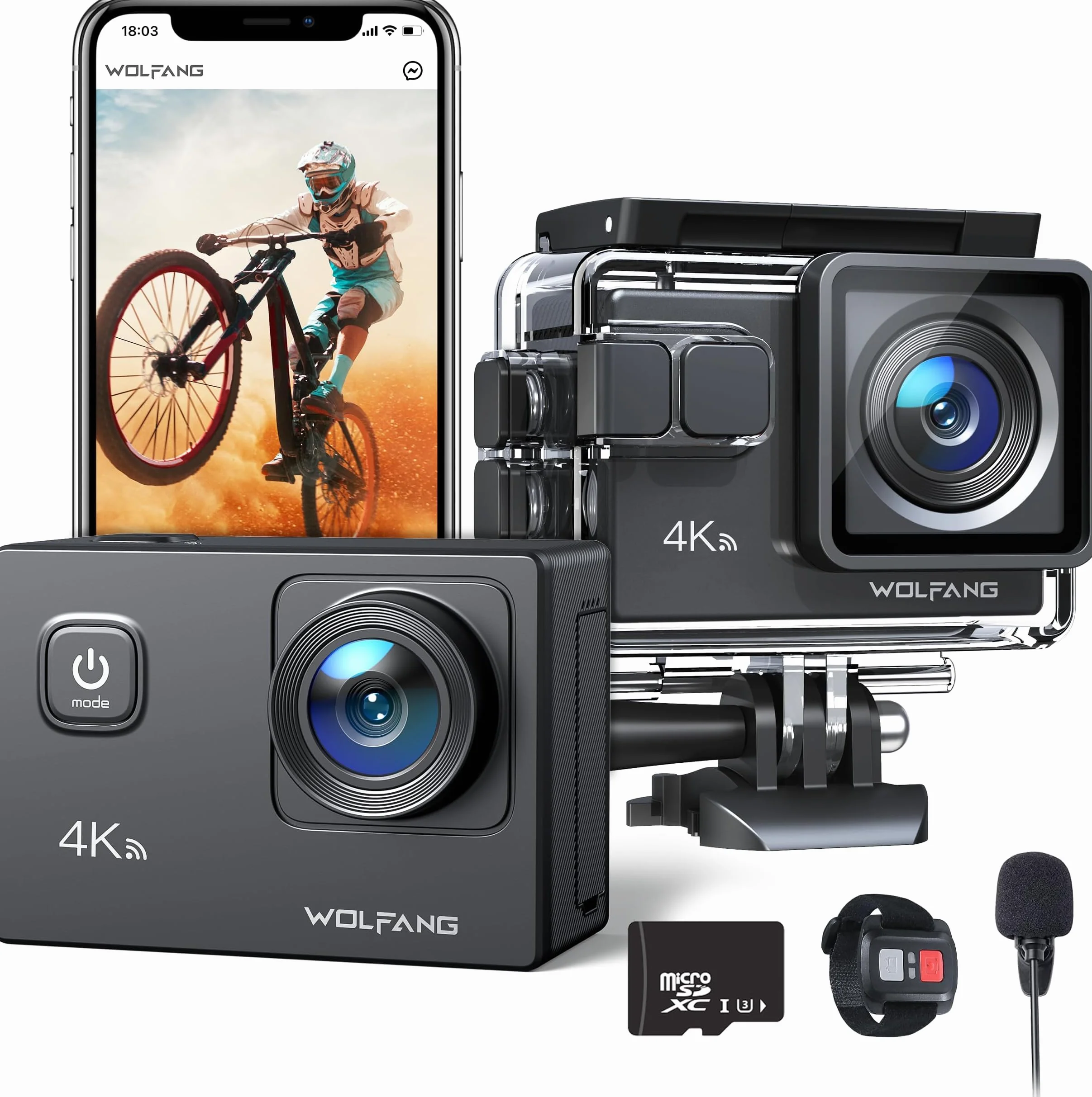 WOLFANG Kamera akcji GA100 4K 30FPS 20MP Kamera podwodna Wodoodporna 40M, kamera wideo WiFi z podwójnym mikrofonem, szeroki kąt 170°, zdalne sterowanie 2.4G, EIS Anti-shake, 2 baterie, różne akcesoria