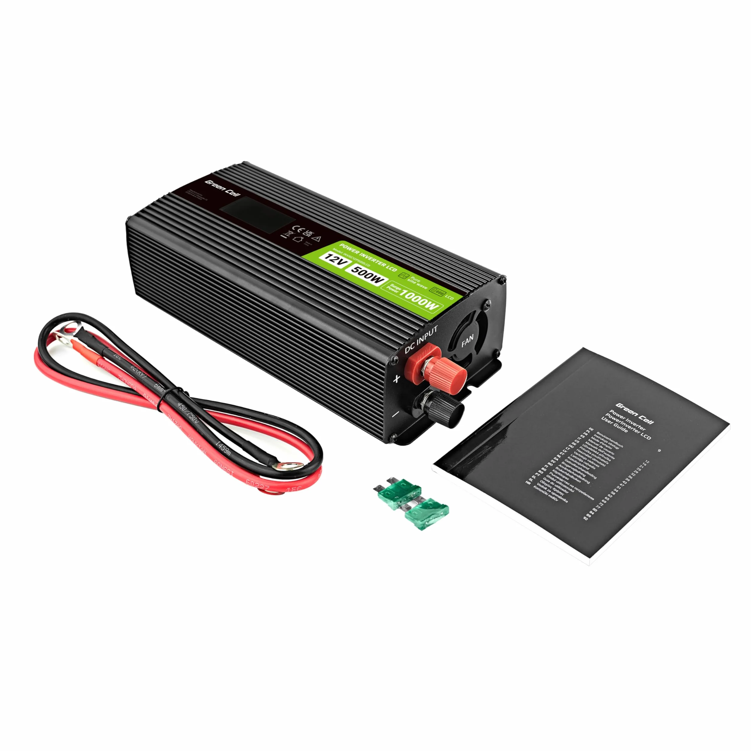 Green Cell Przetwornica napięcia LCD 500 W/1000 W 12 V do 230 V Czysty konwerter napięcia sinusoidalnego PowerInverter DC AC Karawana przetwornica napięcia sinusoidalnego