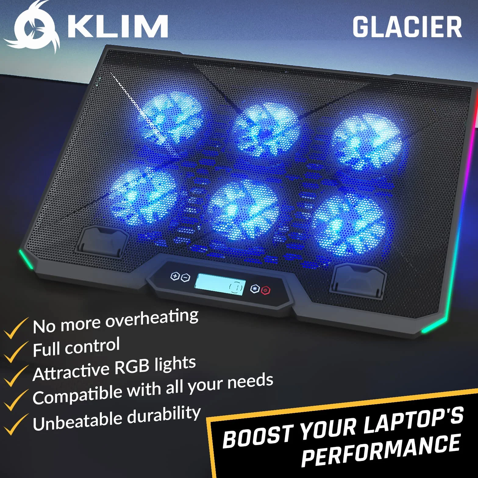 KLIM Glacier stojak chłodzący do laptopa z 6 wentylatorami, nowy 2023 - z podświetleniem RGB - 11-17,3 cala - podkładka chłodząca do laptopa do gier, stabilna i cicha, zasilana przez USB podkładka