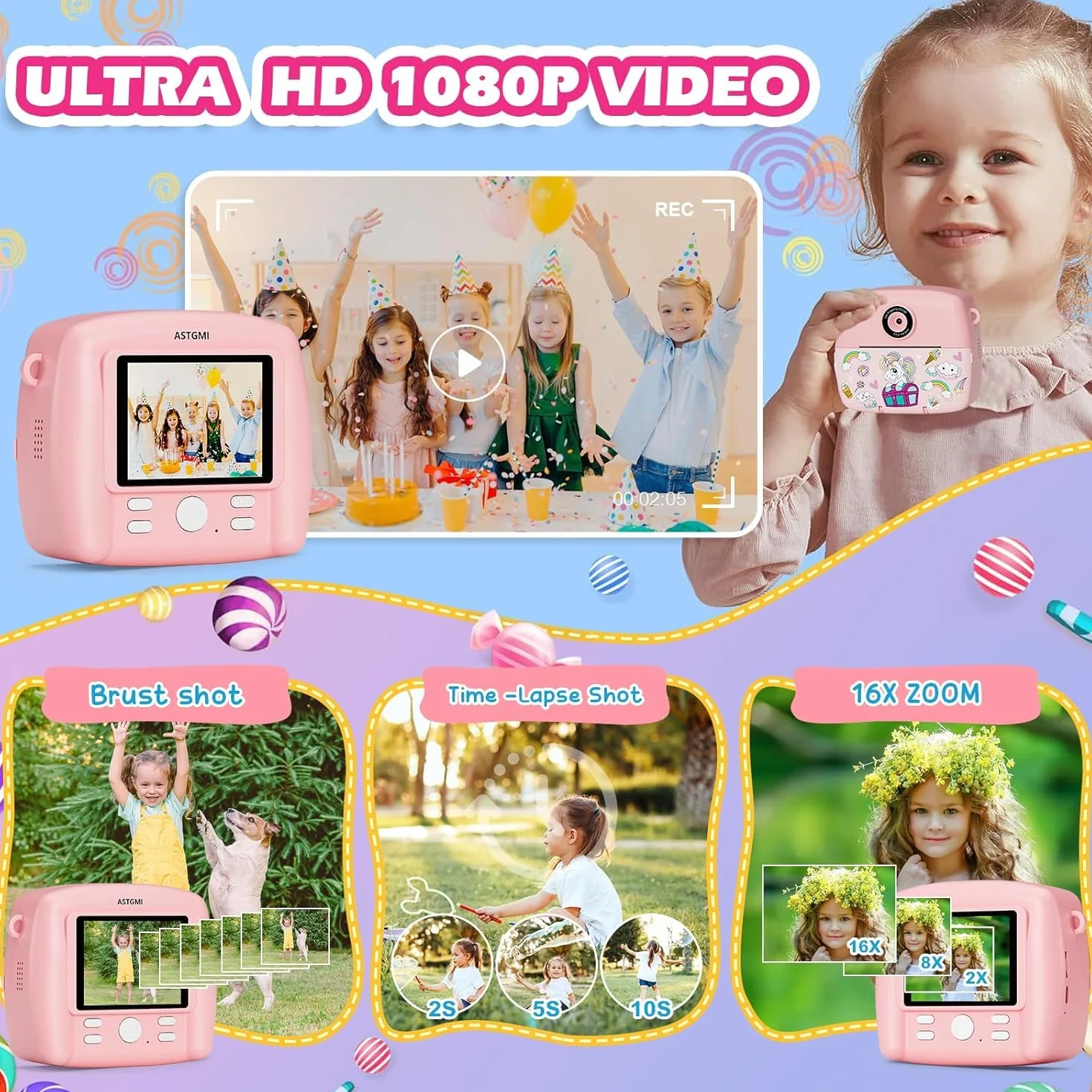 Aparat natychmiastowy dla dzieci, aparat kompaktowy, 1080p HD, natychmiastowe drukowanie zdjęć, prezent urodzinowy, prezent na Boże Narodzenie, zabawka od 3, 4, 5, 6, 8, 7, 9, 10, 11 lat, dla