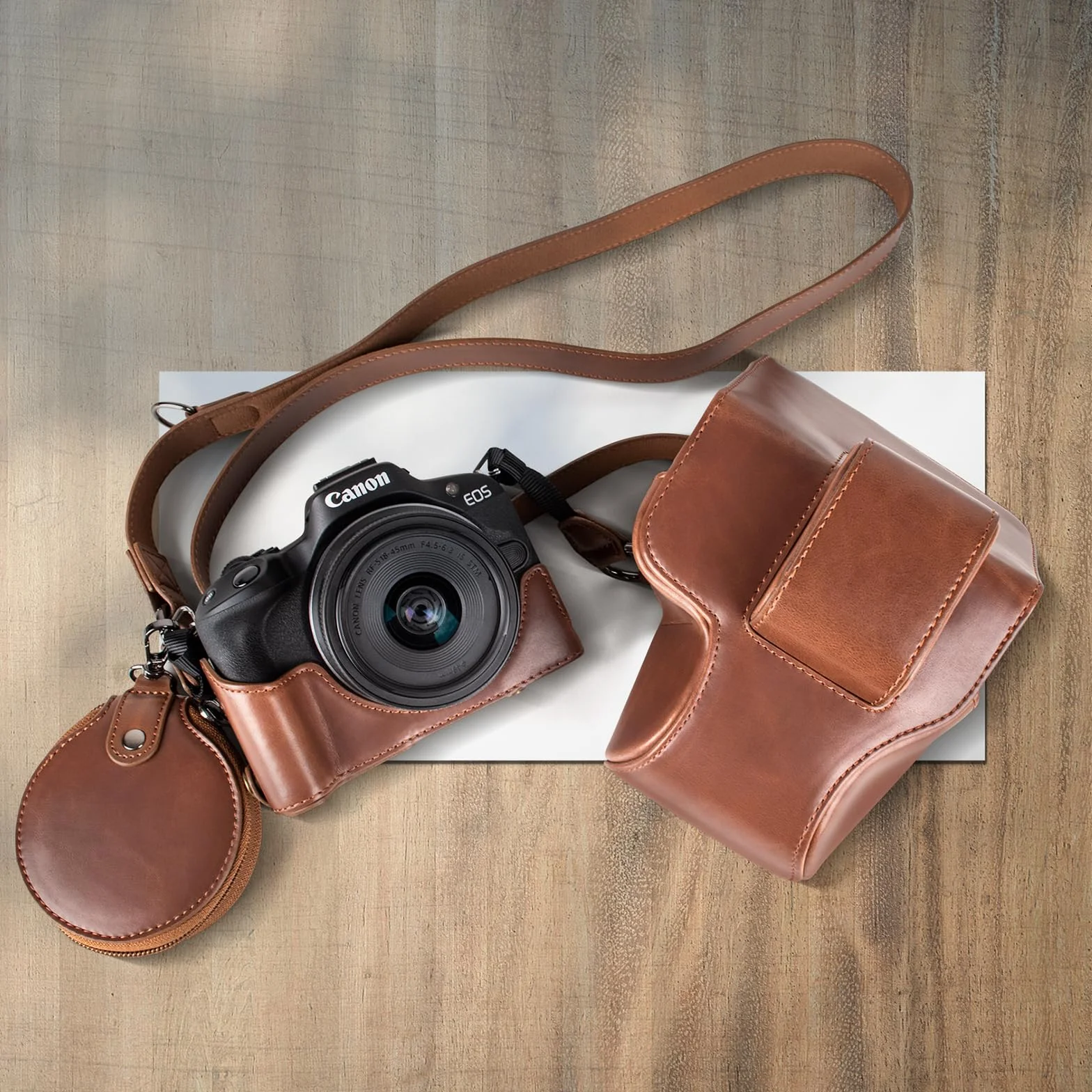 MUZIRI KINOKOO EOS R50 R100 etui, retro etui ochronne ze skóry PU do aparatu Canon EOS R50 R100 - torba na aparat z dolnym otworem i paskiem na ramię i kieszenią do przechowywania