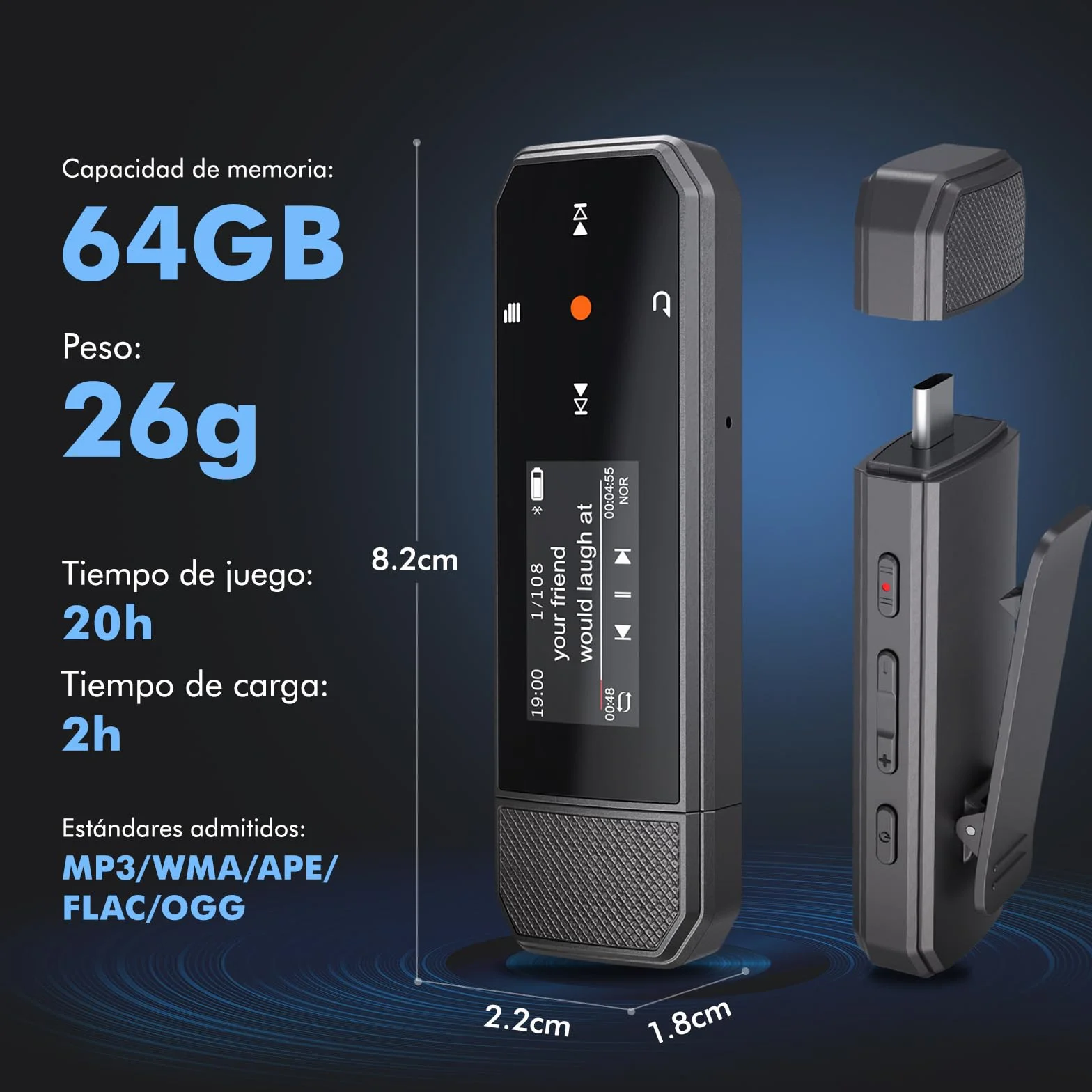 Przenośny odtwarzacz MP3 64 GB Bluetooth 5.3 USB-C z radiem FM