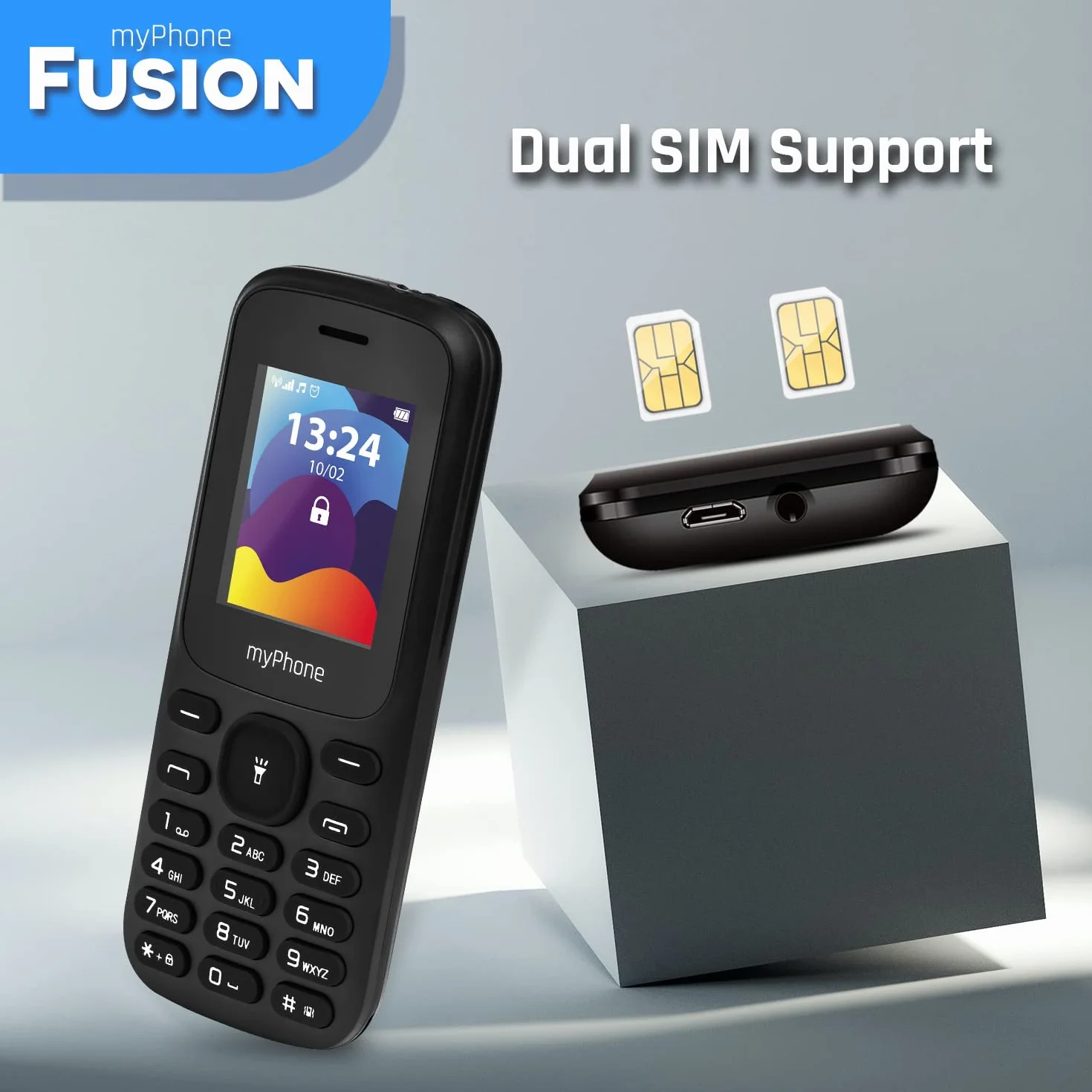 MP myPhone Fusion, telefon klawiszowy, duże klawisze, kolorowy wyświetlacz 1,77”, bateria 600 mAh, latarka, radio, mp3, dual sim, bluetooth, telefon dla seniora, podświetlone klawisze, czarny