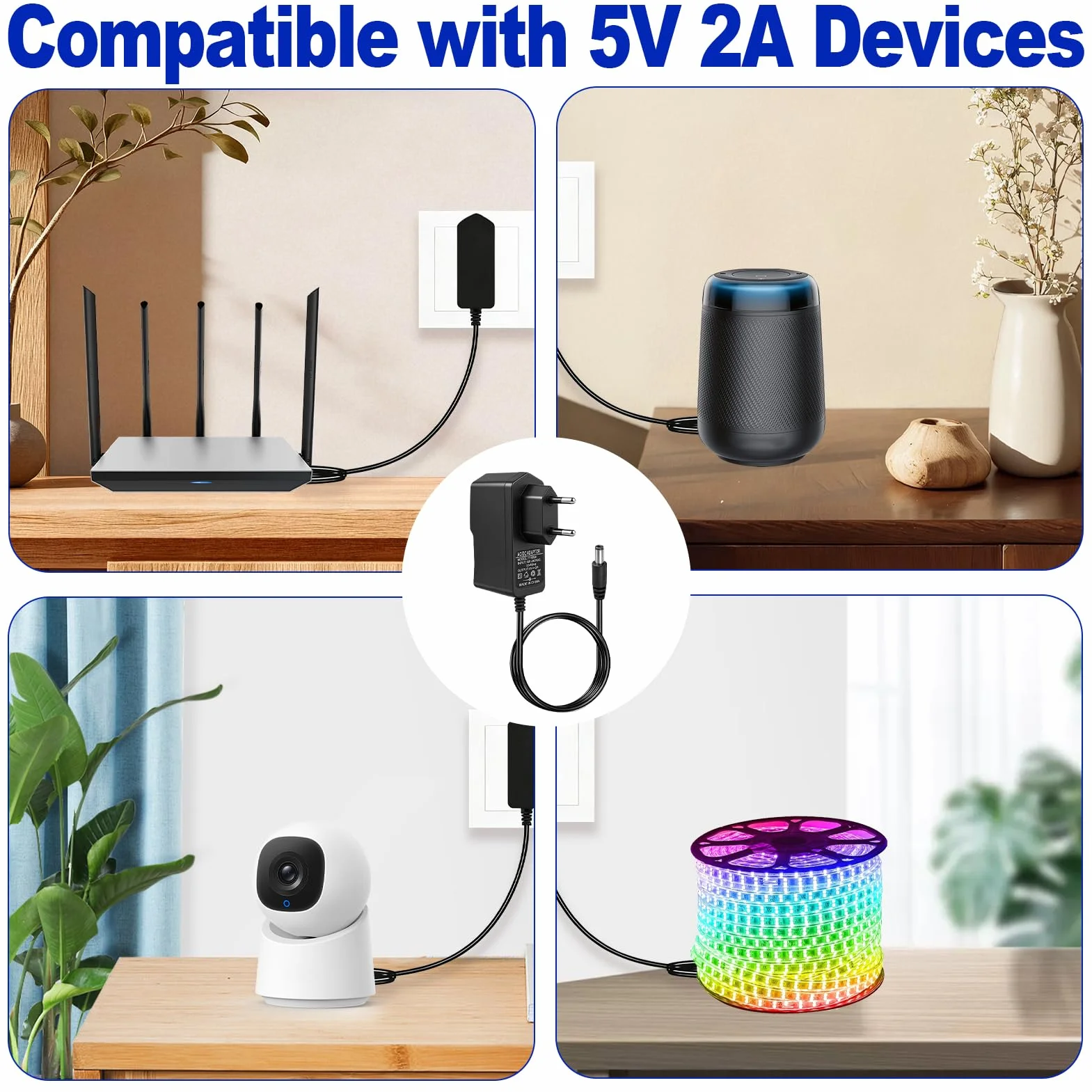 Uniwersalna ładowarka 5V 2A zasilacz 5V 2A AC/DC adapter 100-240V 50/60Hz ze złączem 5,5 mm x 2,1 mm, zasilacz 10 W do monitora projektora CCTV LED