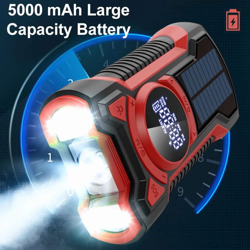 Wind Up Solar Radio awaryjne, korba ręczna AM/FM/NOAA Radio pogodowe przenośne z 5000 mAh Power Bank BT 5.3 ładowarka do telefonu latarka LED SOS Alarm do namiotów turystycznych