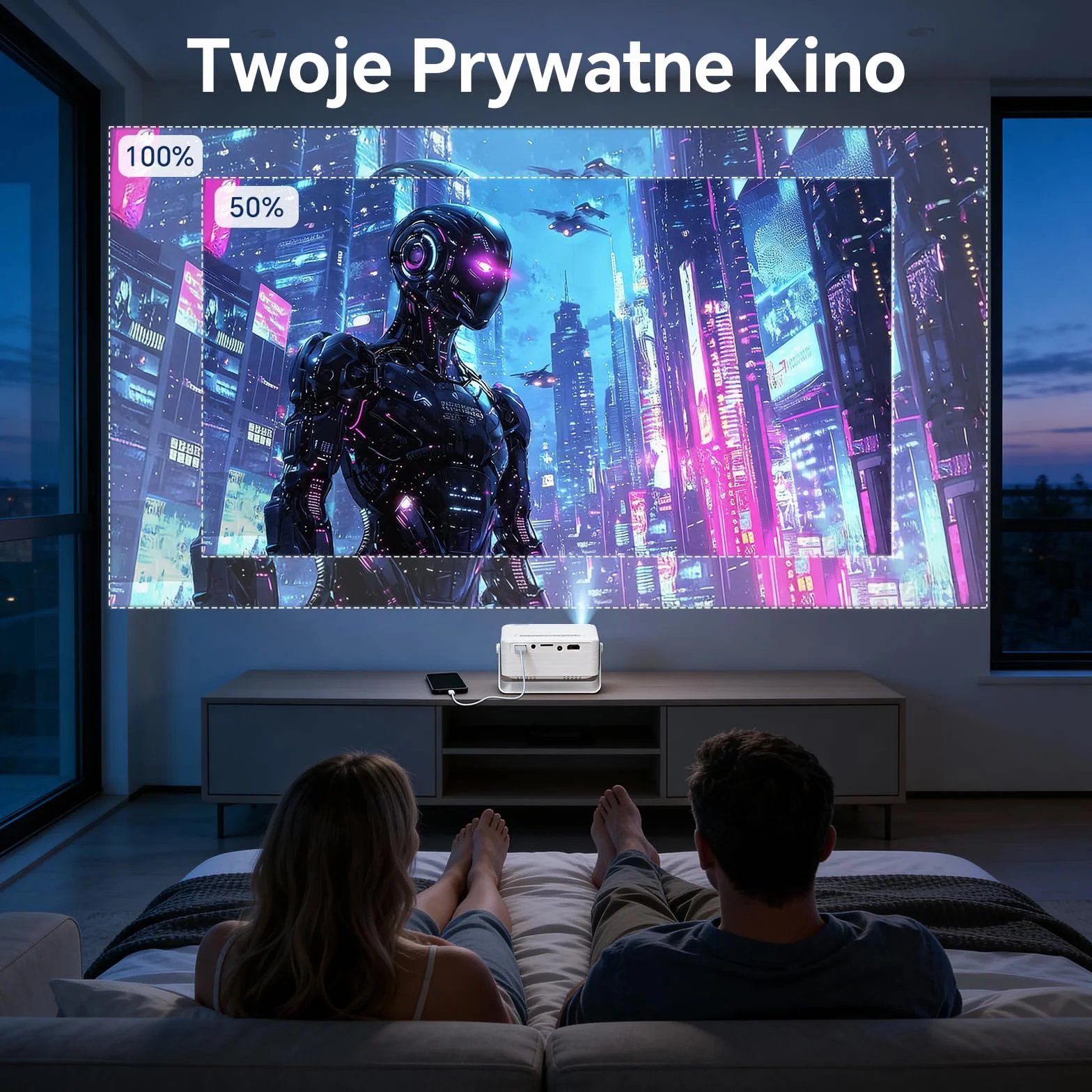 WOLFANG Mini Projektor, Przenośny Projektor z Obsługą Wejścia 1080P, Natywna Rozdzielczość 720P, Automatyczna Korekcja Keystone, Zoom 50% i Obrót 180°, Kompatybilny z iOS/Android/Laptopem/TV Stick