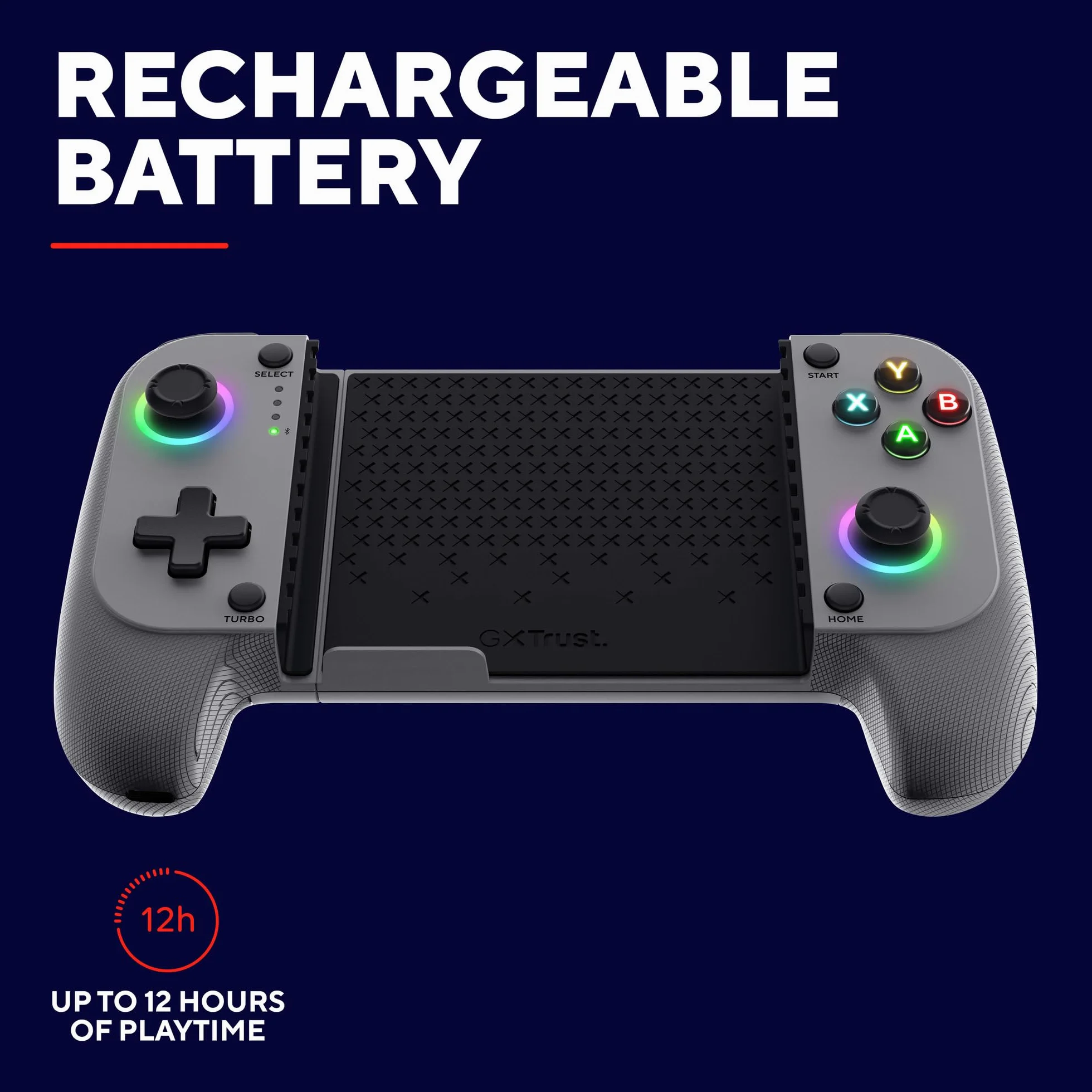 Trust Gaming GXTrust 735G Mylox Kontroler do Gier z Uchwytem na Telefon iPhone Android PS5 Xbox, Akumulator do 12h, Gamepad Bluetooth do Smartfona, Podświetlenie LED RGB, 18 Przycisków, Szary
