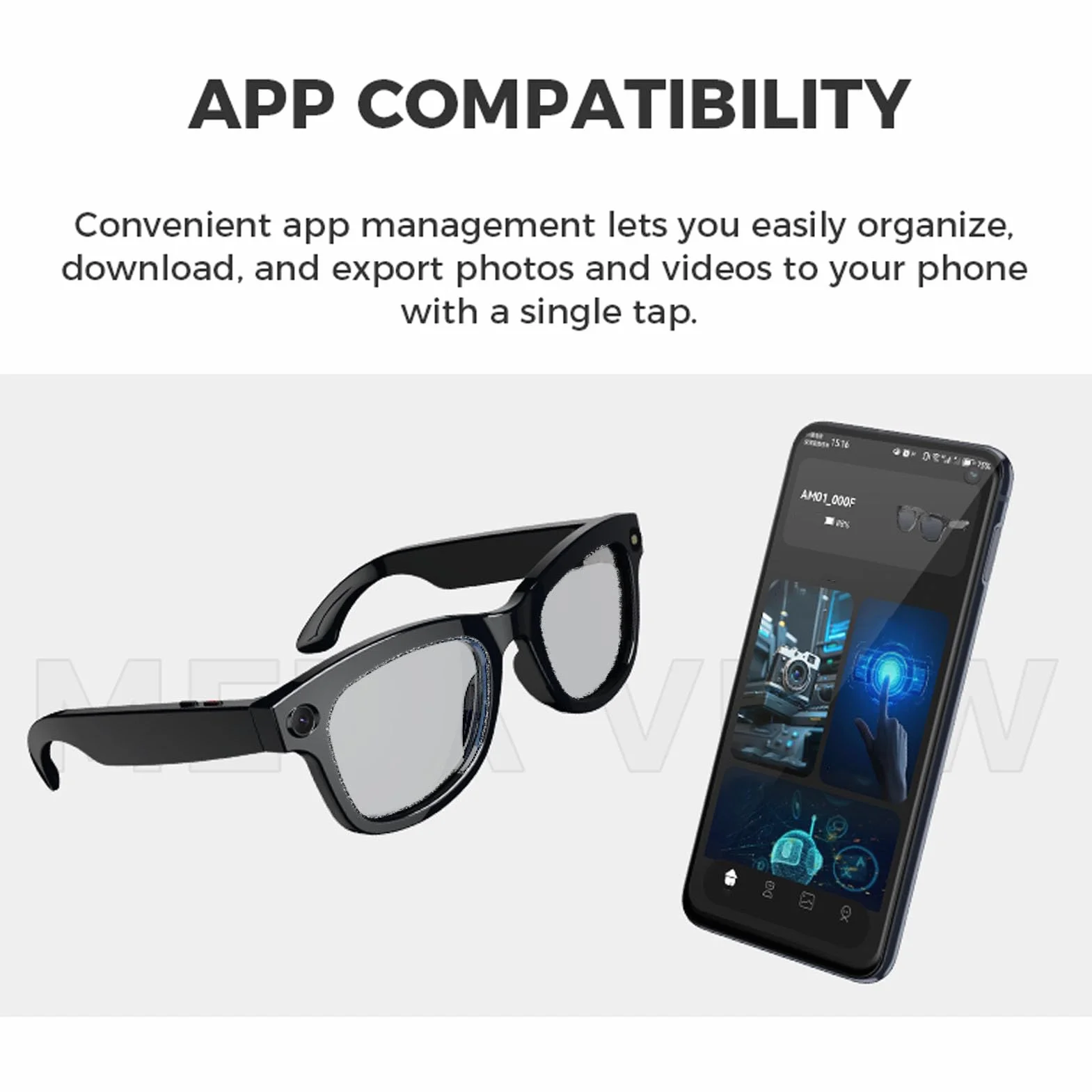 AI Smart Okulary z Aparatem 5MP i Otwartym Głośnikiem, Odtwarzanie Muzyki Bluetooth/przezroczyste Połączenia, Bateria 4H, Unisex na Biuro na Zewnątrz