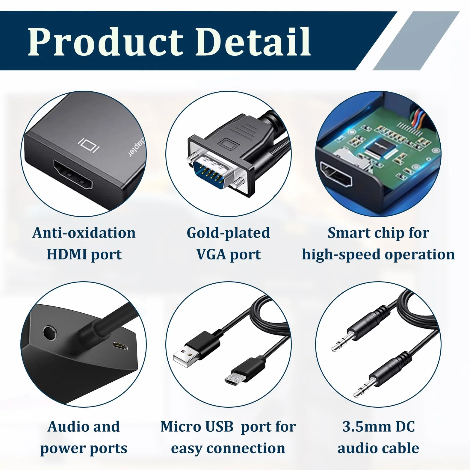 Adapter VGA na HDMI, 1080p, konwerter VGA męski na HDMI żeński z dźwiękiem, jednokierunkowy kabel do laptopa, monitora, projektora, PC na telewizor HD, kompatybilny z audio 3,5 mm + USB