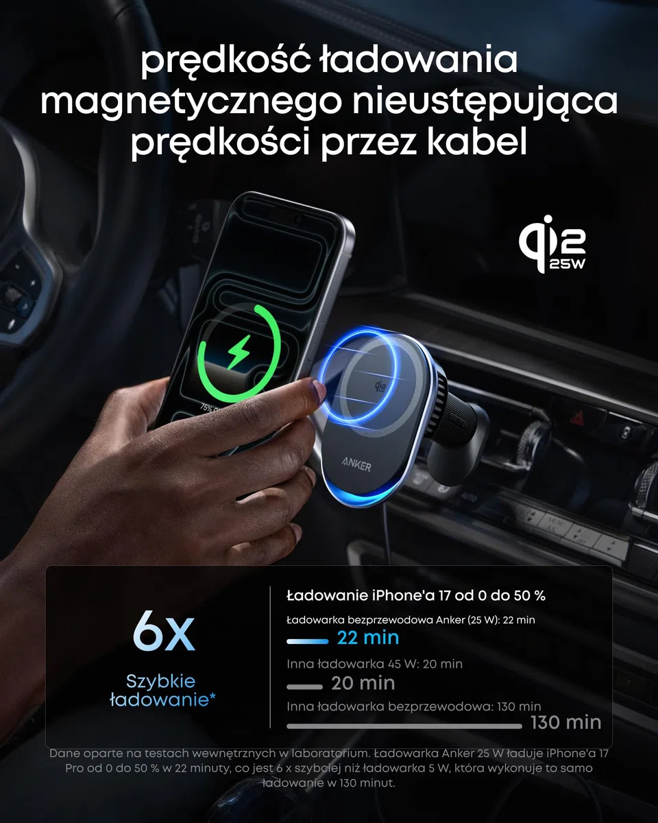 Anker Prime Magsafe Ładowarka samochodowa, bezprzewodowa ładowarka samochodowa z certyfikatem Qi2 25 W i aktywnym chłodzeniem TEC, mocne magnesy, uchwyt na kratkę wentylacyjną do iPhone'a 17-12