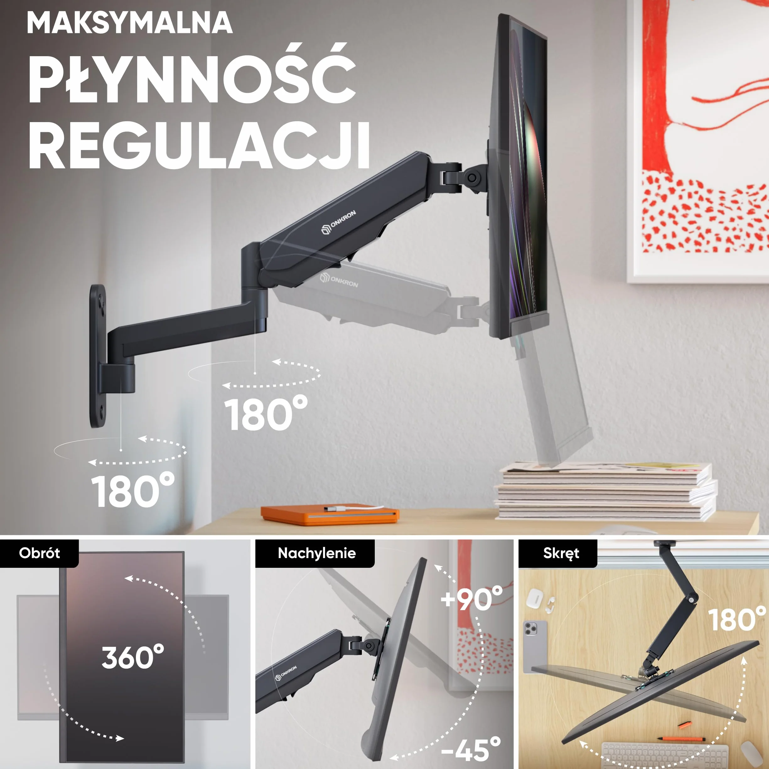 ONKRON Uchwyt monitora i telewizora ściennego (obrotowy, przechylany, rozszerzalny) Ramię monitora ściennego do ekranów 13-32 cali z wiosną gazową VESA 75 x 75-100 x 100 mm i waga maks. 8 kg - G150