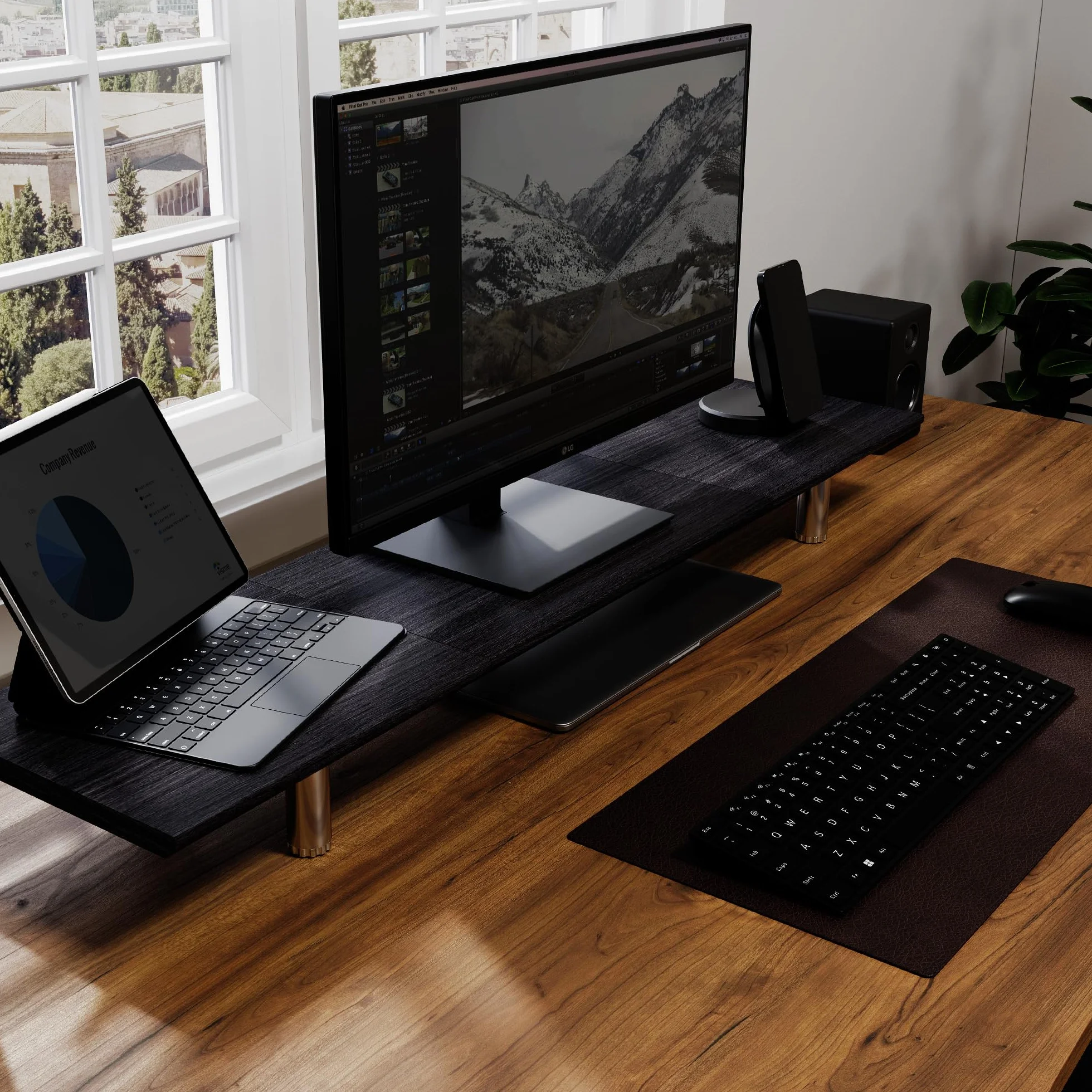 Fenge Duży Stojak na Monitor Podwójny z Nogą z Regulacją Wysokości, Drewniany na Biurko dla PC/Laptop/Telewizor/Drukarka, Akcesoria Biurkowe, Czarny