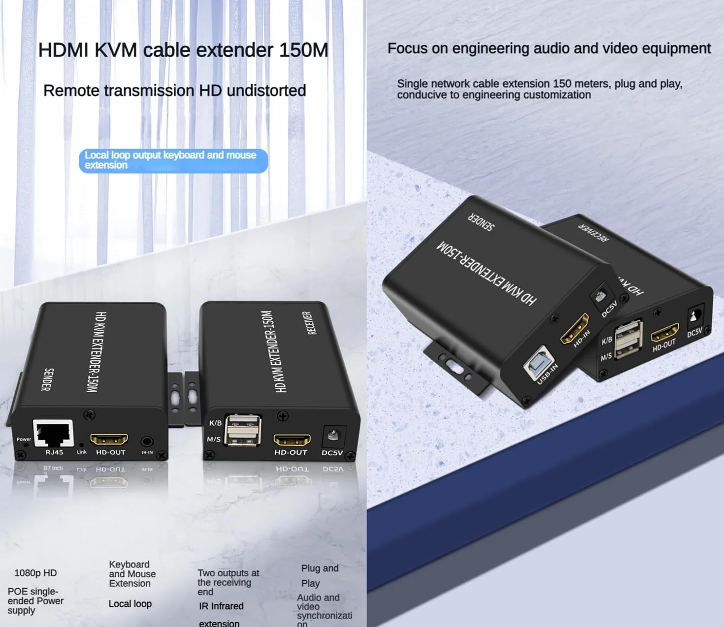 150M HDMI KVM Extender over Cat5e Cat6 1080P HDMI USB KVM 150M Przedłużacz transmisji z pętlą obsługa USB klawiatura rozszerzenie myszy