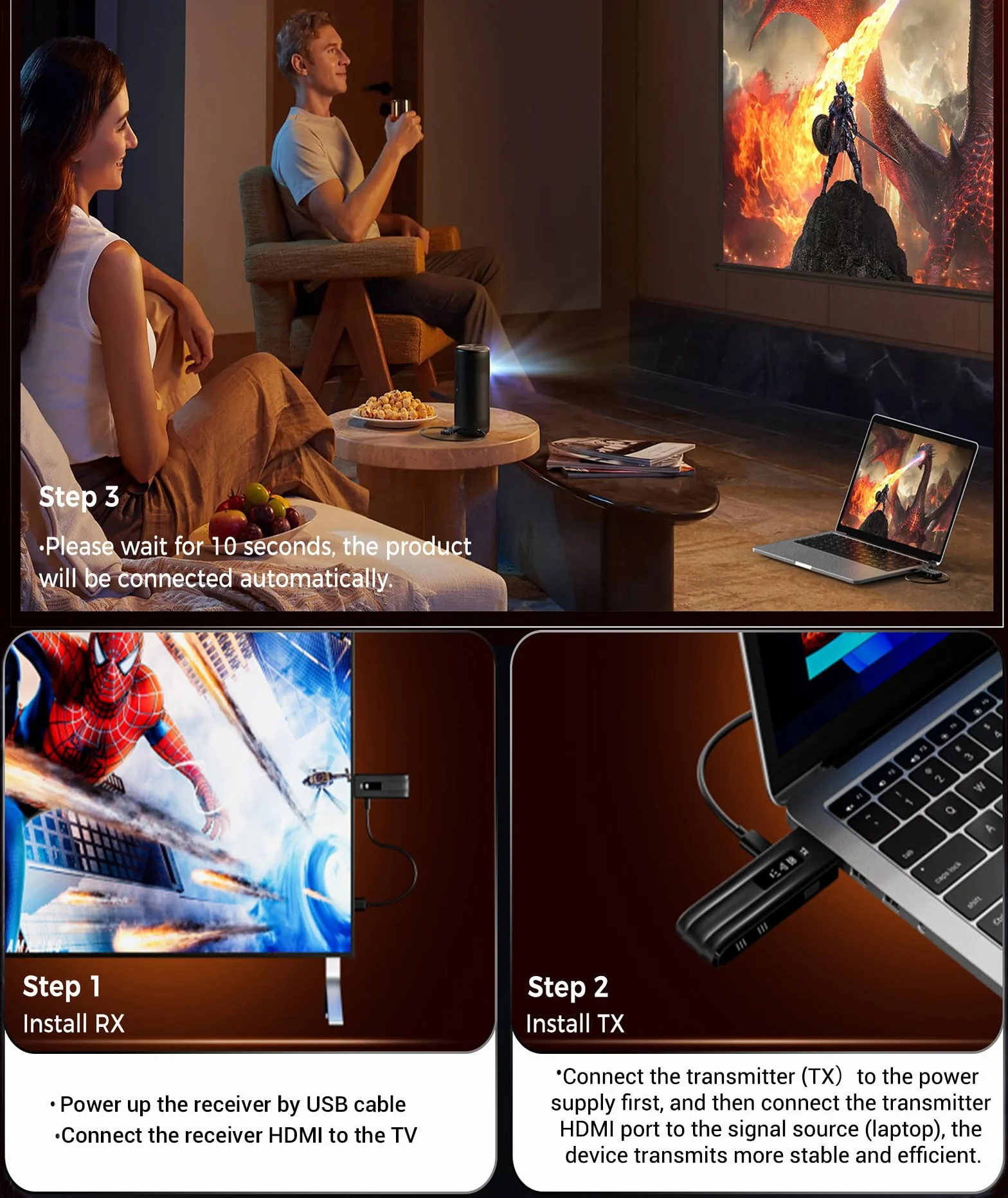 Bezprzewodowy nadajnik i odbiornik HDMI, dekodowanie 4K, wyjście 1080P, zasięg 165 stóp, 2.4G&5.8G, do komputerów PC/DV/HDTV/projektorów/telewizorów, bez konieczności instalowania aplikacji/Bluetooth