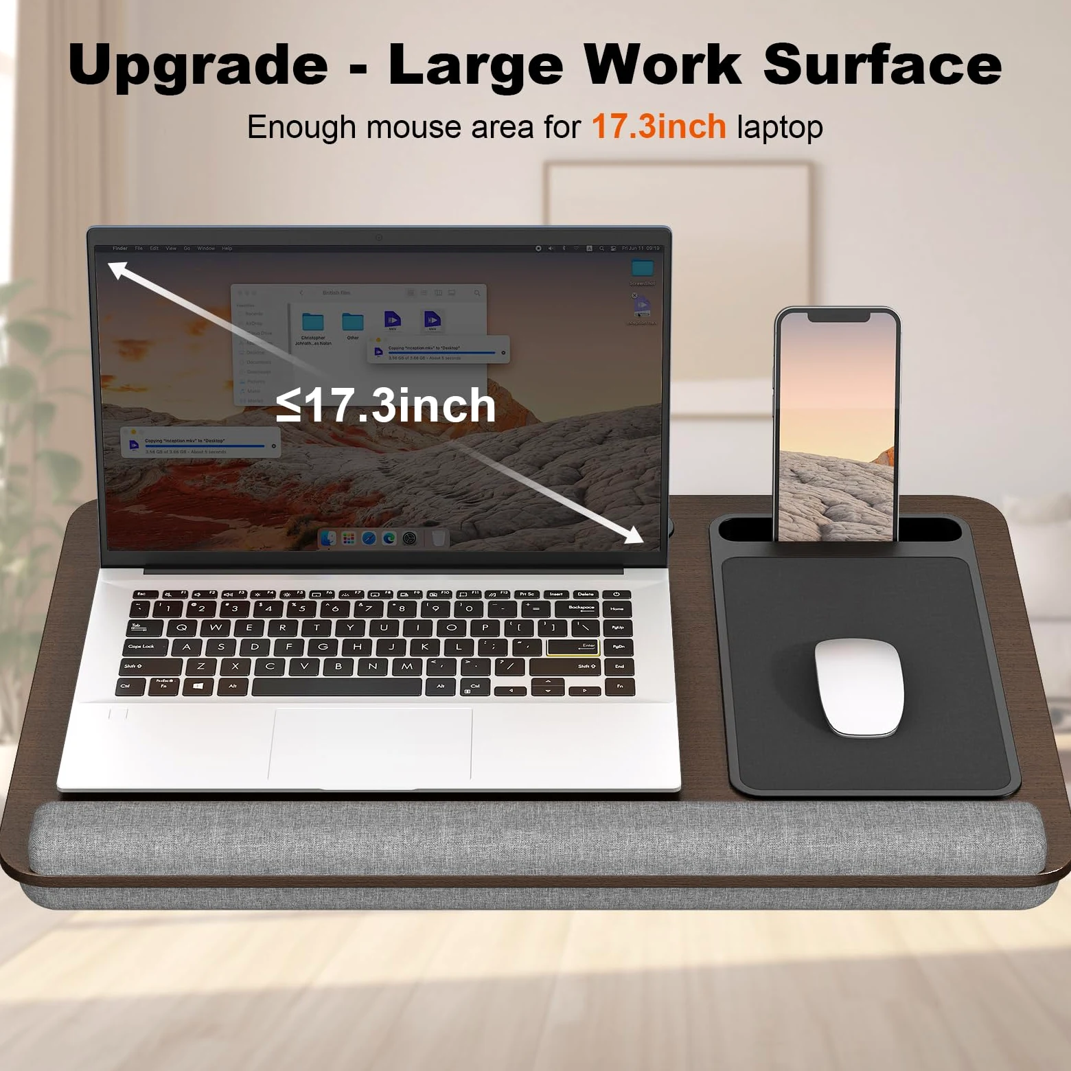 PUTORSEN Biurko na kolana do laptopów do 43.9 cm, przenośne, bardzo duże, z podkładkami dla myszy i nadgarstków