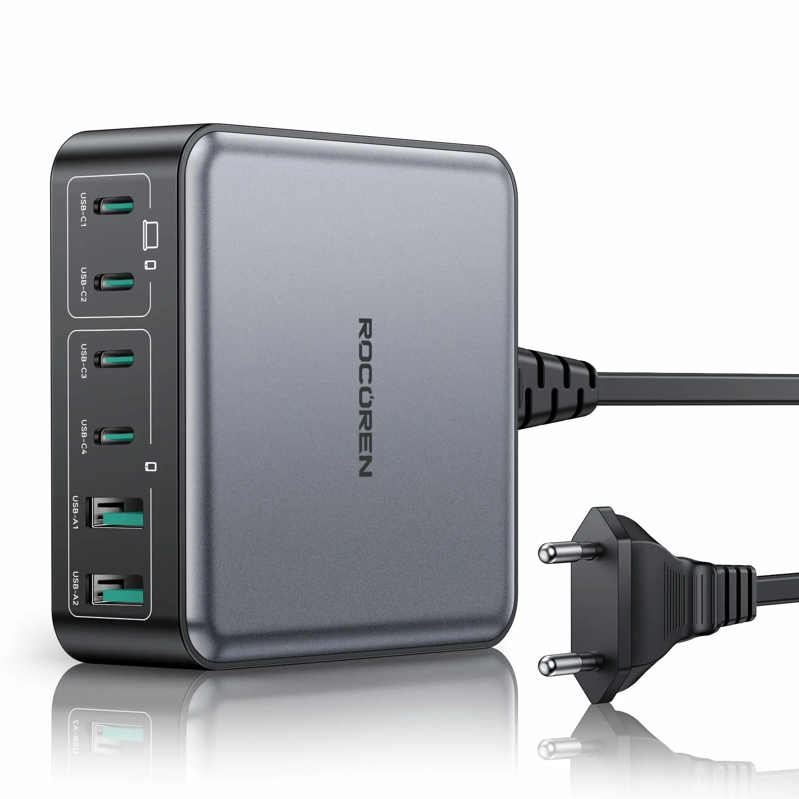Rocoren Ładowarka USB C 270 W GaN 6-portowa PD 100 W QC4.0 PPS do MacBook Pro Air iPhone 16 15 14Pro Galaxy S25 S24