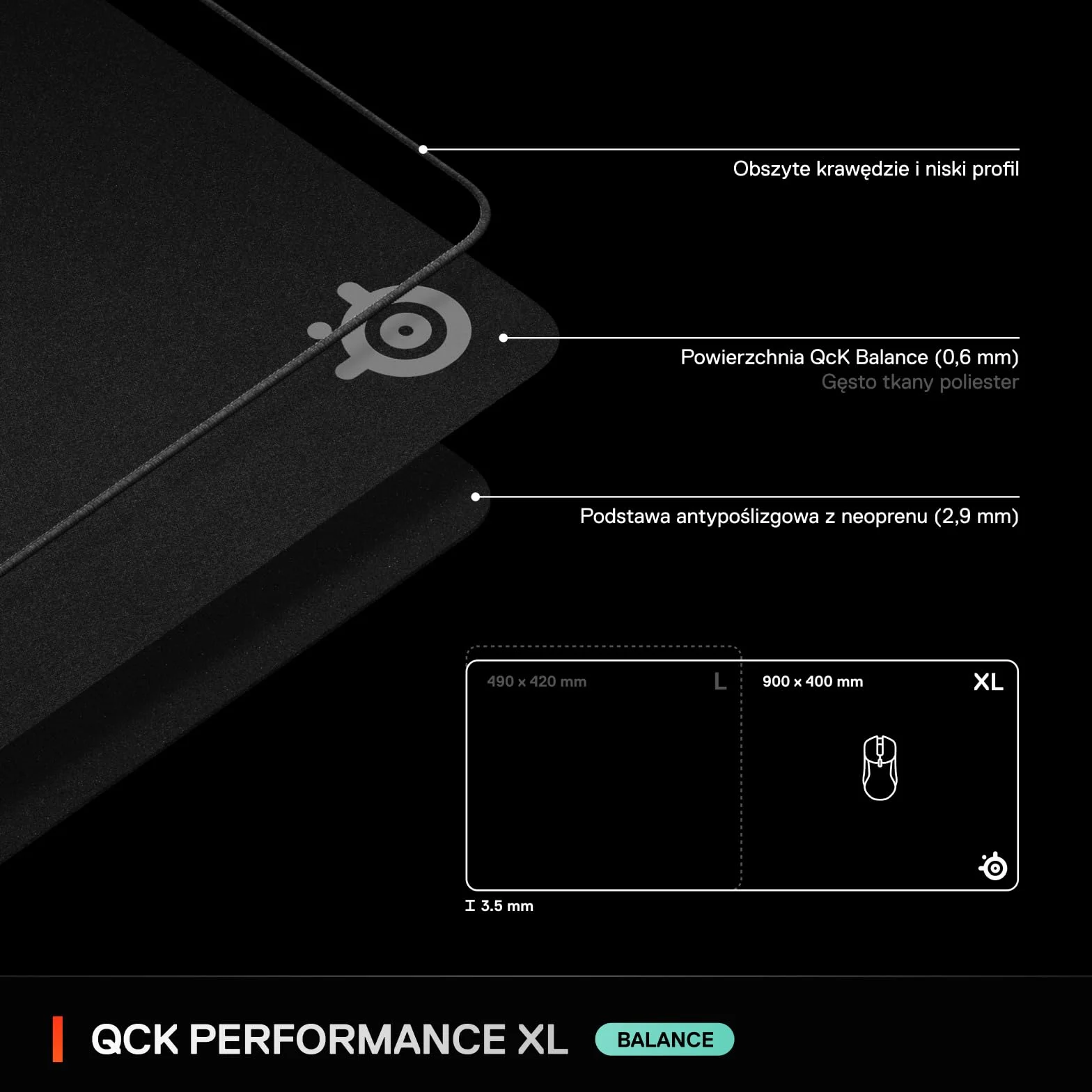 SteelSeries, podkładka QcK XL Performance Balance - Dod. gęstość dająca poślizg - Niskoprofilowe przeszycia krawędzi - Antypoślizgowa podstawa z neoprenu - Rozm. 900 x 400 mm - FPS, MOBA, RTS, MMO