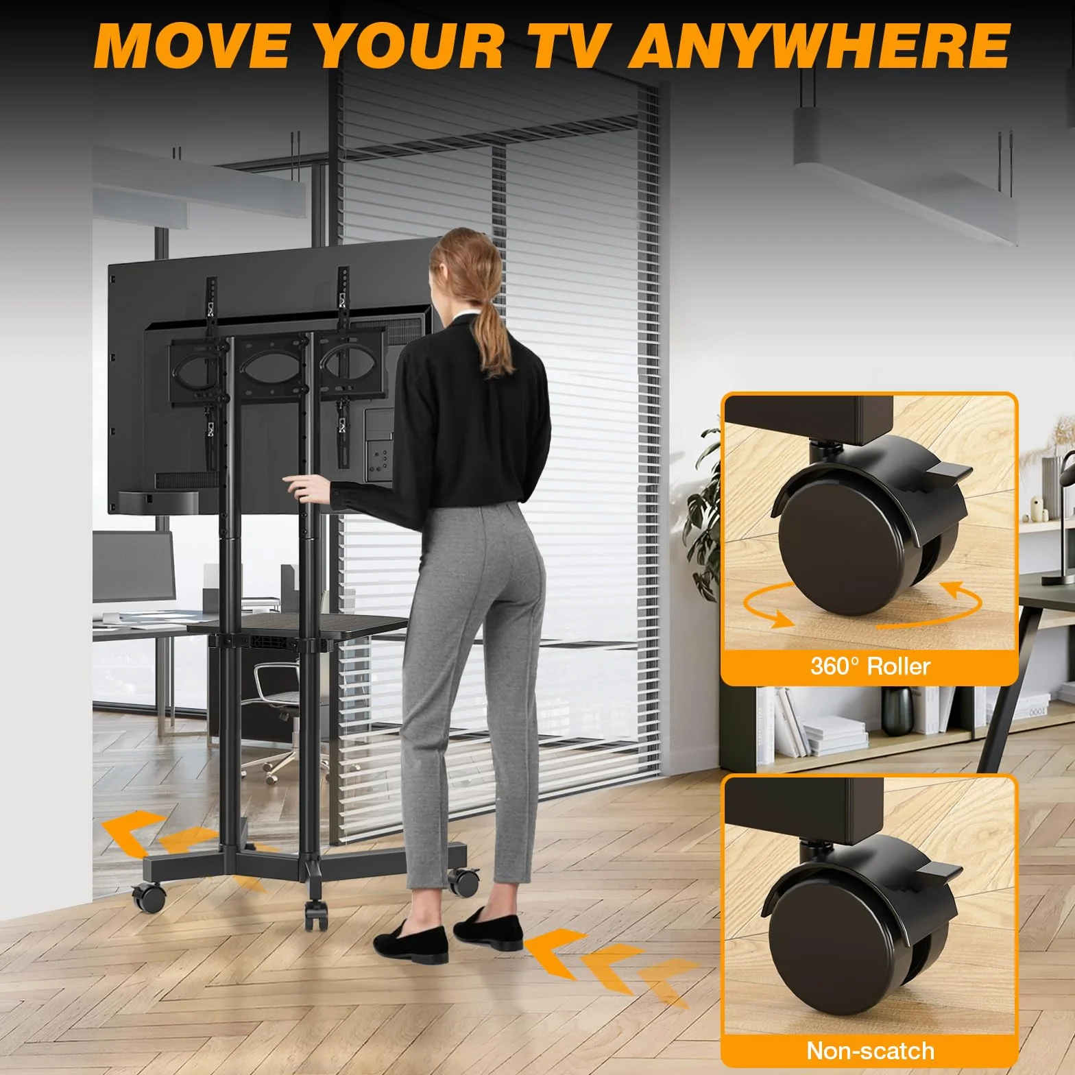 TVON Stojak na telewizor z rolkami, mobilny, obrotowy, do telewizorów 32-75 cali, stojak pod telewizor z regulacją wysokości, z półką, do 40 kg, maks. VESA 400 x 400 mm